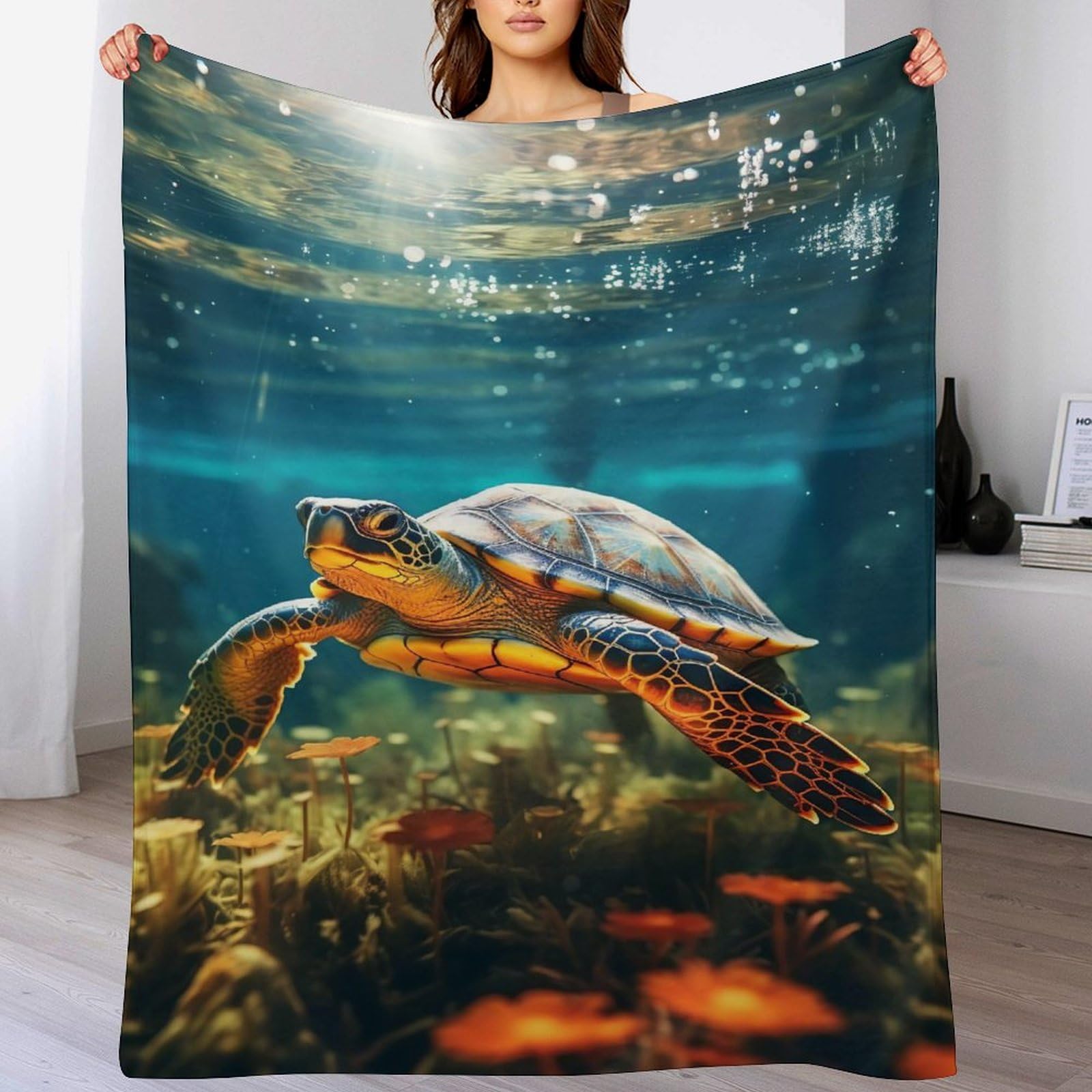 Couverture tortue de mer en flannel douce pour lit et canapé 130x150cm