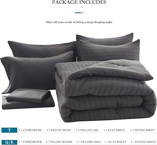 Miniatura 6 de Newspin Cama King en una bolsa, juego de edredón de punto gofre gris oscuro para todas las estaciones, juego de edredón alternativo de plumón de 7