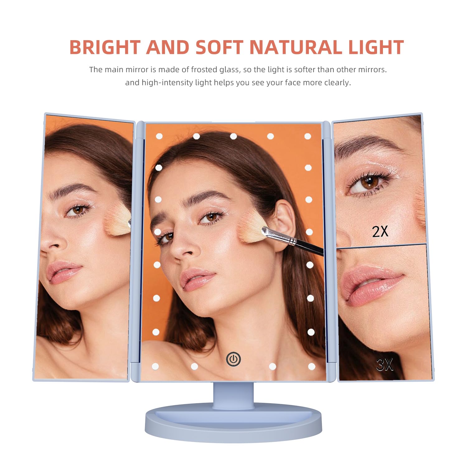Infitrans Specchio con Luce,Specchi da Tavolo con Touch Screen Tri-Fold, ingrandimento 1x / 2X / 3X e Caricatore USB o Wireless, Luce LED Regolabile a 180 ° per Il banco da Viaggio (Blu)