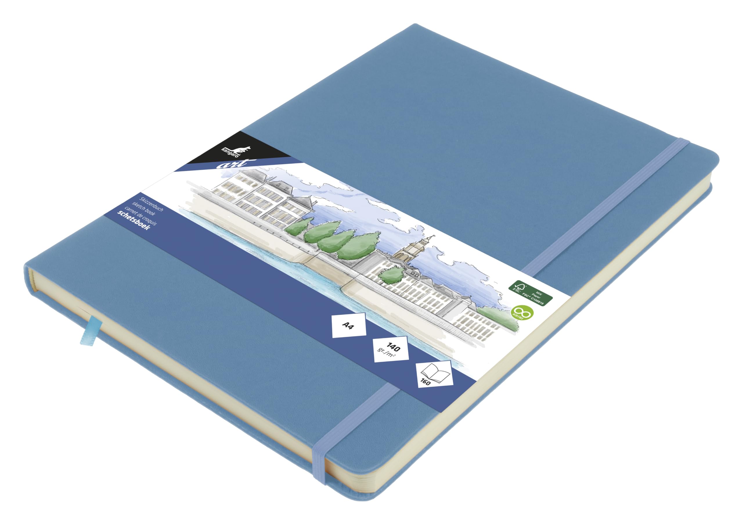 Sketchbook Kangaro A4 Sky Blue PU Hard Cover 80 Sheets 140 g Cream Paper with Elastic Band and Ribbon