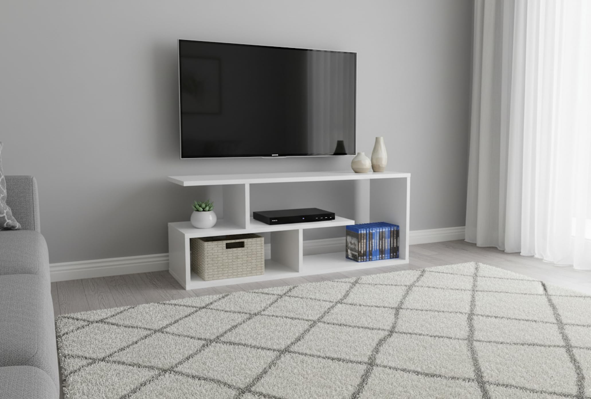 Shefa Eden Meuble TV compact 100 cm – Meuble multimédia en bois blanc avec étagères de rangement ouvertes, petite table console TV moderne, centre de divertissement et meuble TV pour salon, chambre à