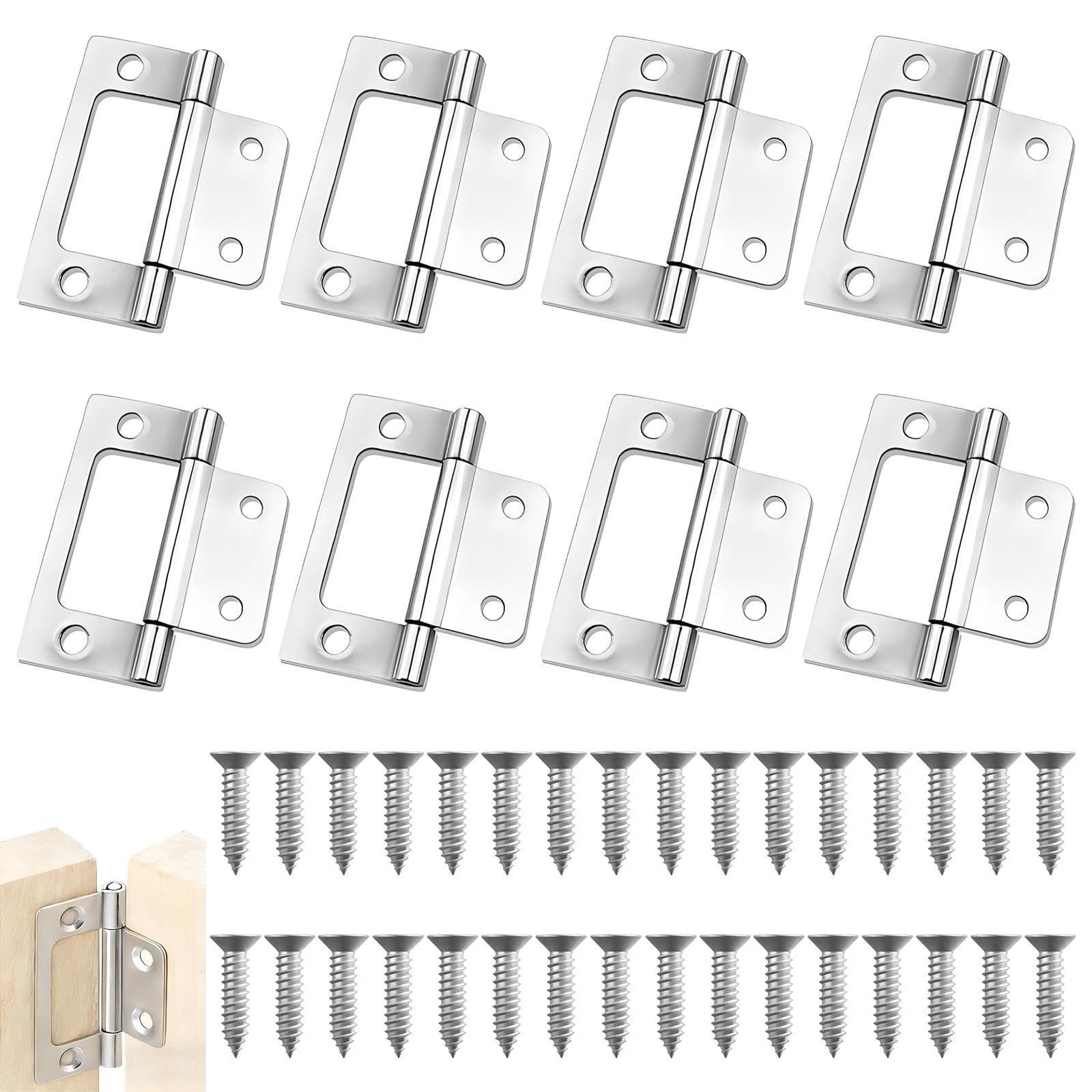 Yshodgu Silver 8Pcs Flush Hinges, 2 Inch Duty Flush Hinges, No Noise Cupboard Hinges For Doors, Cabinets, Dressers, Wardrobes，With 32 Screws