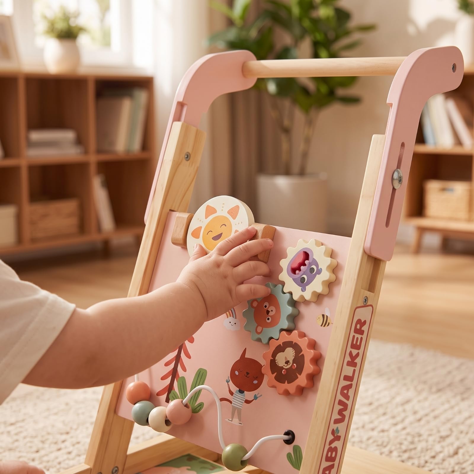 Harilla Carrello Primi Spostamenti in Legno Multifunzione Carrello Primi Spostamenti con Attività Stabile Giocattolo per Bambini Piccoli, Neonati, Asilo Nido