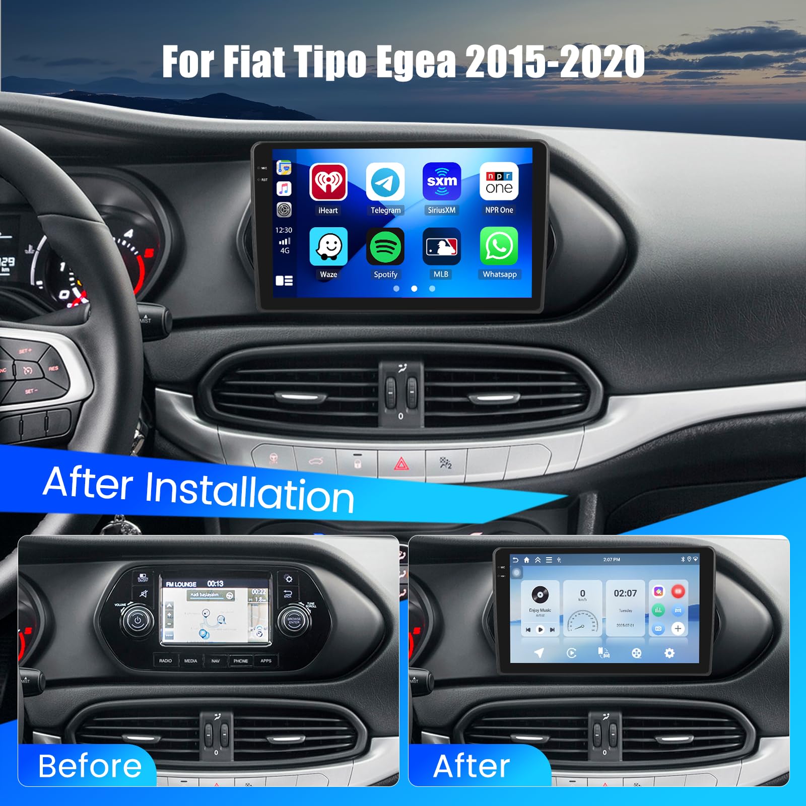 Hikity 4+128G Android 15 Autoradio per Fiat Tipo Egea 2015-2020, 9" Schermo Radio con Wireless CarPlay Android Auto Bluetooth Navigazione GPS WiFi EQ Doppio-USB e Telecamera di Retromarcia