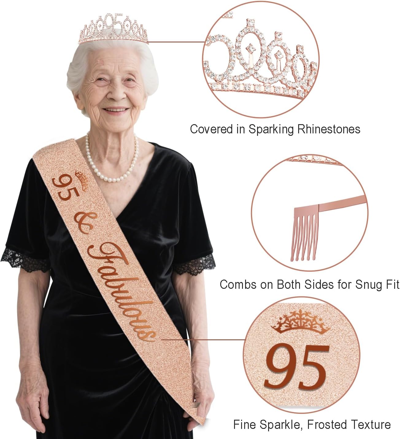 95th Birthday Decorations for Women,32PCS 95th Birthday Party Decorations,Including Backdrop, Crown, Sash, banner, Hanging Swirl,balloons,Cake Topper,Paper Fans and Anniversary Card Rose Gold 95th