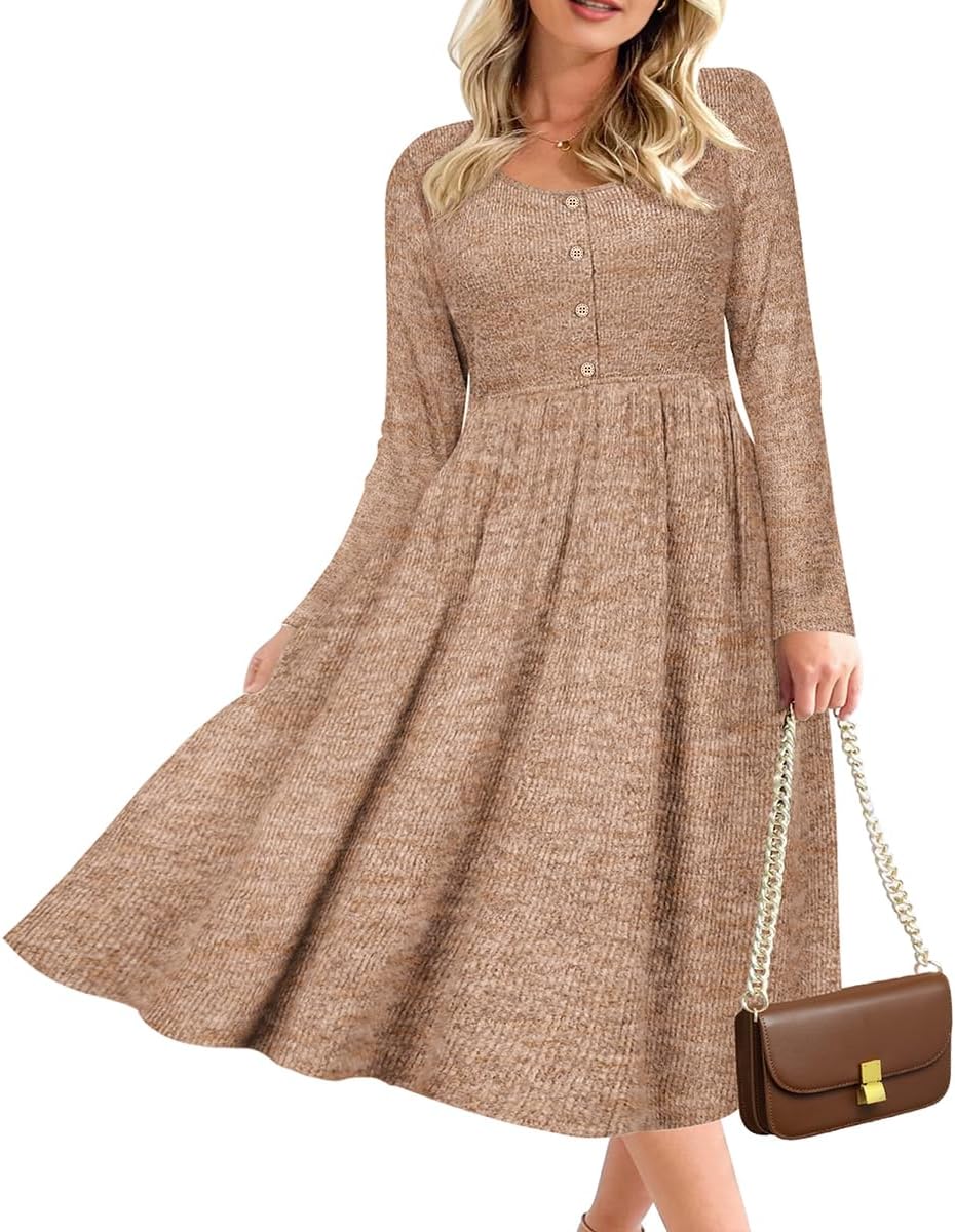 CARCOS Plus Size Sweater Dress Long Sleeve Henley Crew Neck Pullover Casual Fall Winter Knit Midi Dresses with Pocket XL-5XL