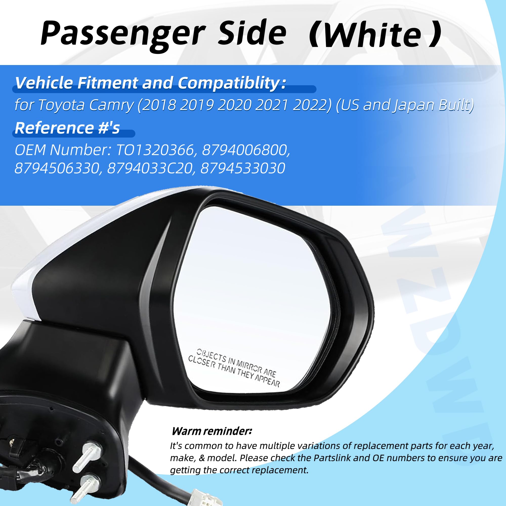 KarParts360 Passenger Side Door Mirror Assembly For Toyota Camry 2018-2024 – Power, Gloss Finish, Non-Heated Replacement - View #7