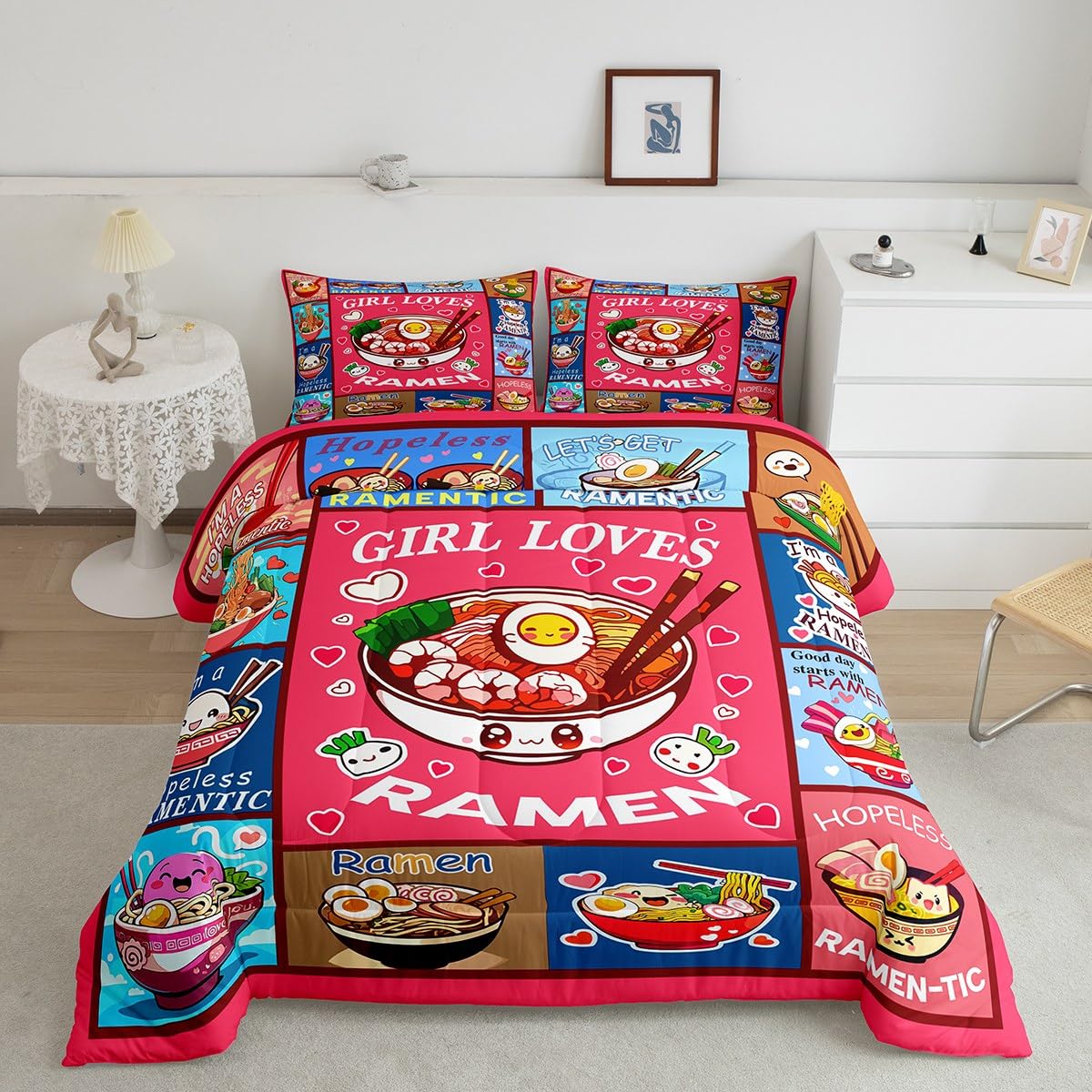 Loussiesd Ramen Bettdecke 135x200cm Kinder Jungen Mädchen Ramen Suppe Steppbett Ultra weiches Geschenk für Mädchen liebt Nudeln 4-Jahreszeiten Bettdecke Mädchen liebt Ramen Steppdecke Zimmer Dekor