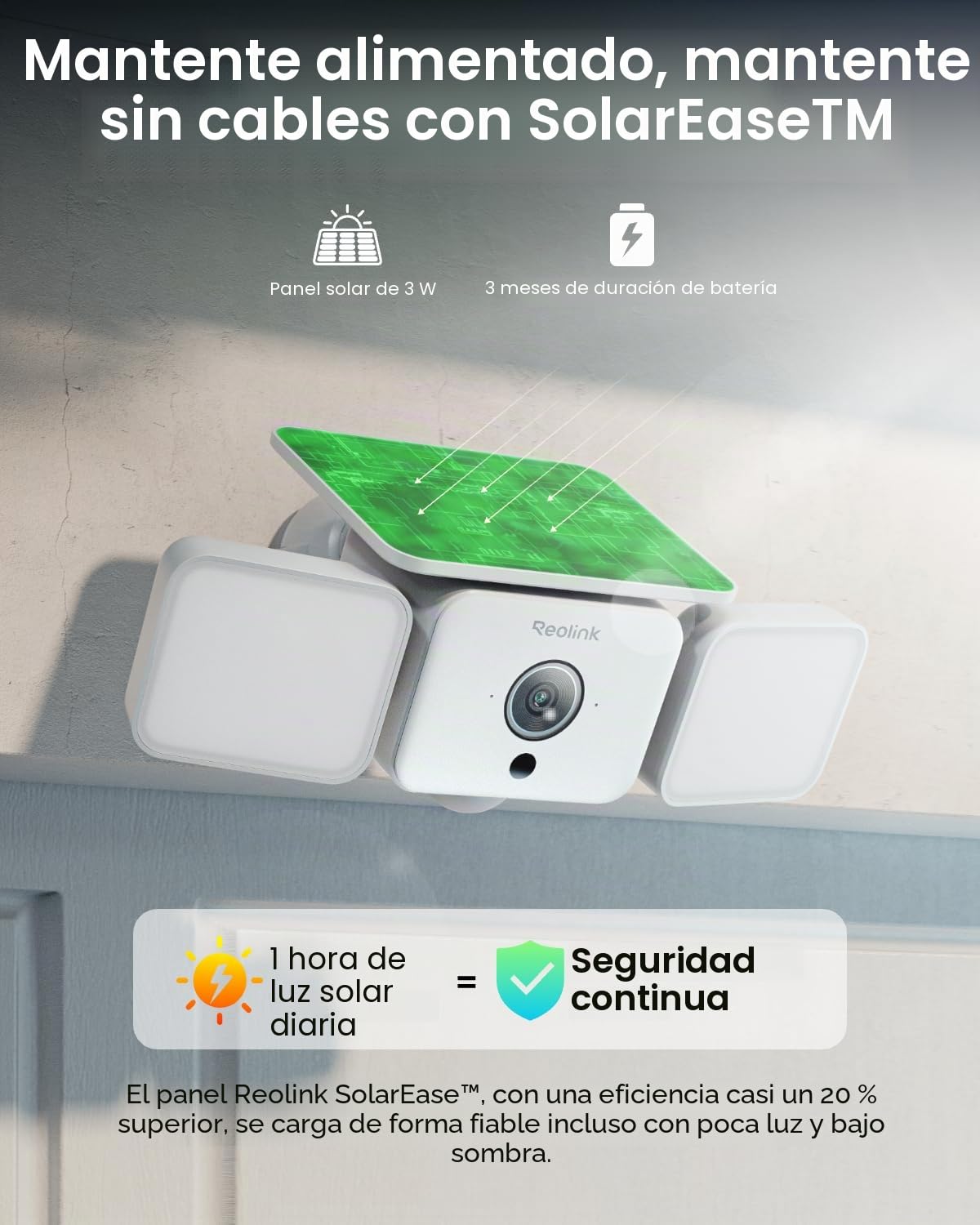 Reolink Cámara de Seguridad Inalámbrica Exterior, Cámara Solar 1000 Lúmenes | Resolución 2K y Ángulo de Visión 150°, Cámara Solar con Foco Todo en Uno, Detección IA/PIR, Visión Nocturna a Color, Wi-Fi 6