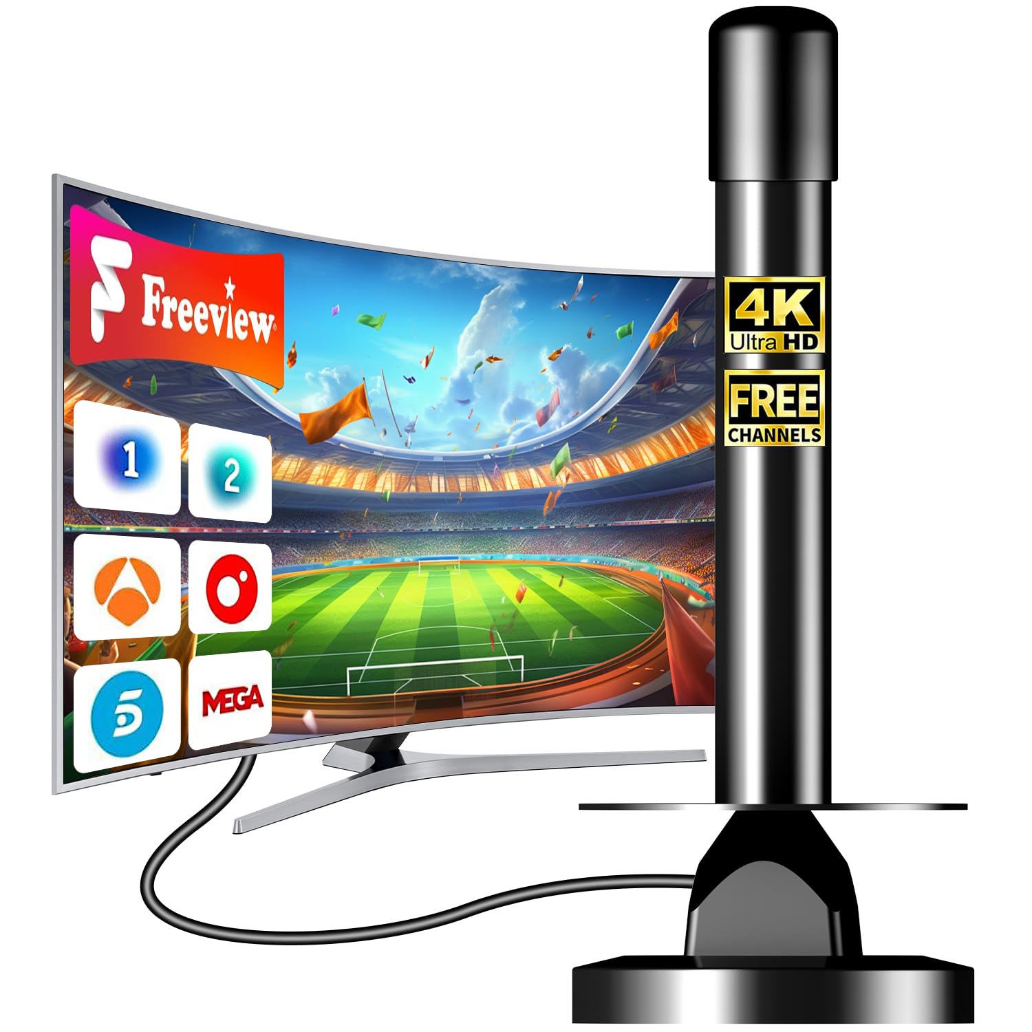 Antena TV Interior Potente con Amplificador – Antena TDT HD 4K/1080p, Recepción 360° Estable, Base Magnética Fuerte, Instalación Rápida, Compatible DVB-T2/DVB-T, Sin Suscripción