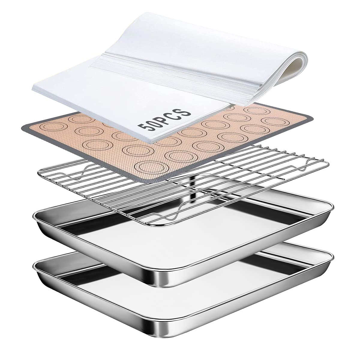 Baking Sheet, Skoche 55 Pcs 16 inch Baking Sheet Set with Stainless Steel Baking Cookie Pans & Cooling Rack,Silicone Baking Mat & 50 Pcs Parchment Papers