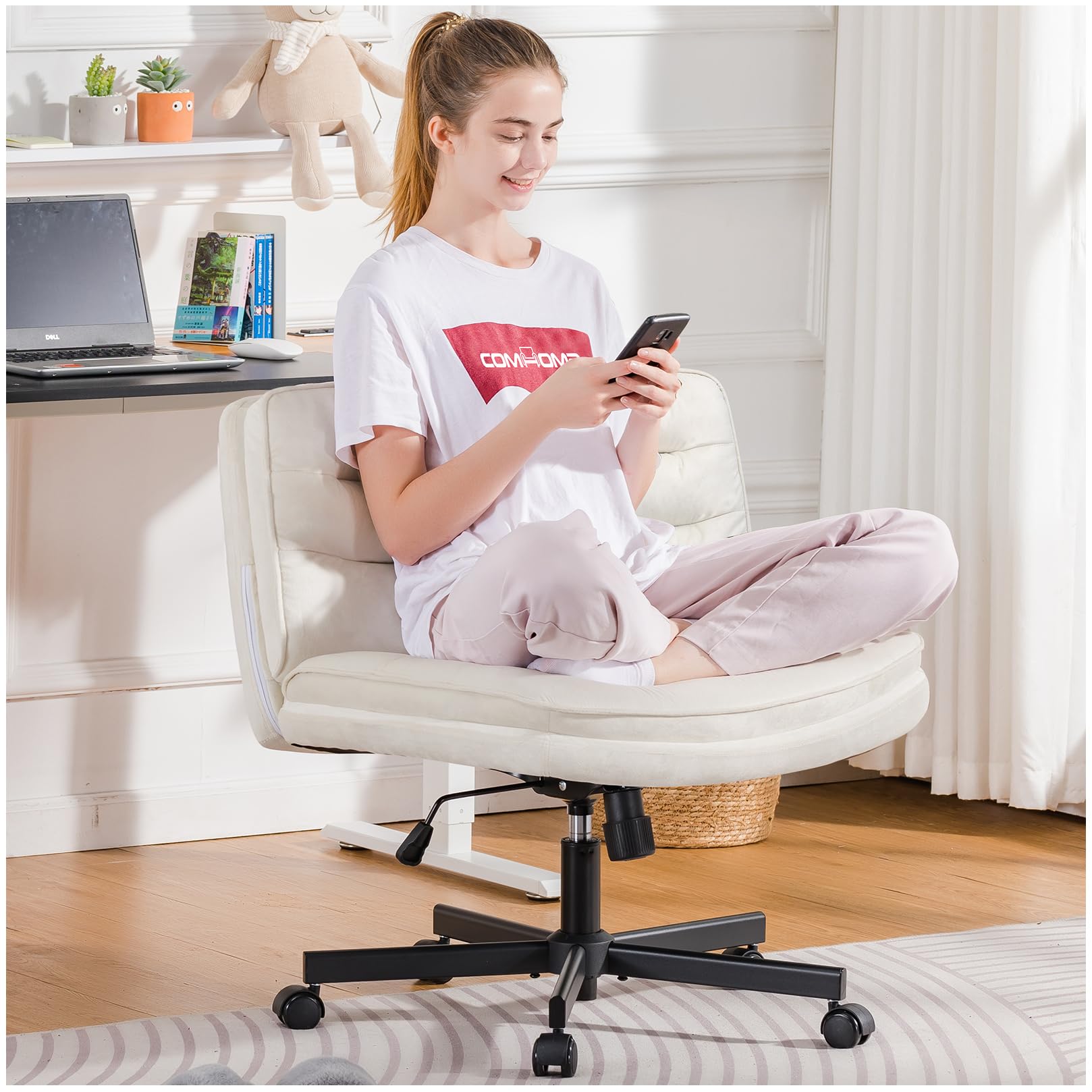 COMHOMA Cross Legged Office Chair with Wheels Armless-Office Desk Chair Modern Vanity Computer Task Chairs for Home Bedroom