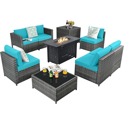 Tangkula 9 Pieces Patio Rattan Furniture Set, Patiojoy Sectional Sofa Set w/Storage Box, Coffee Table, Outdoor Wicker Conversation Set w/ 42” ETL Approved Propane Fire Pit Table (Turquoise)