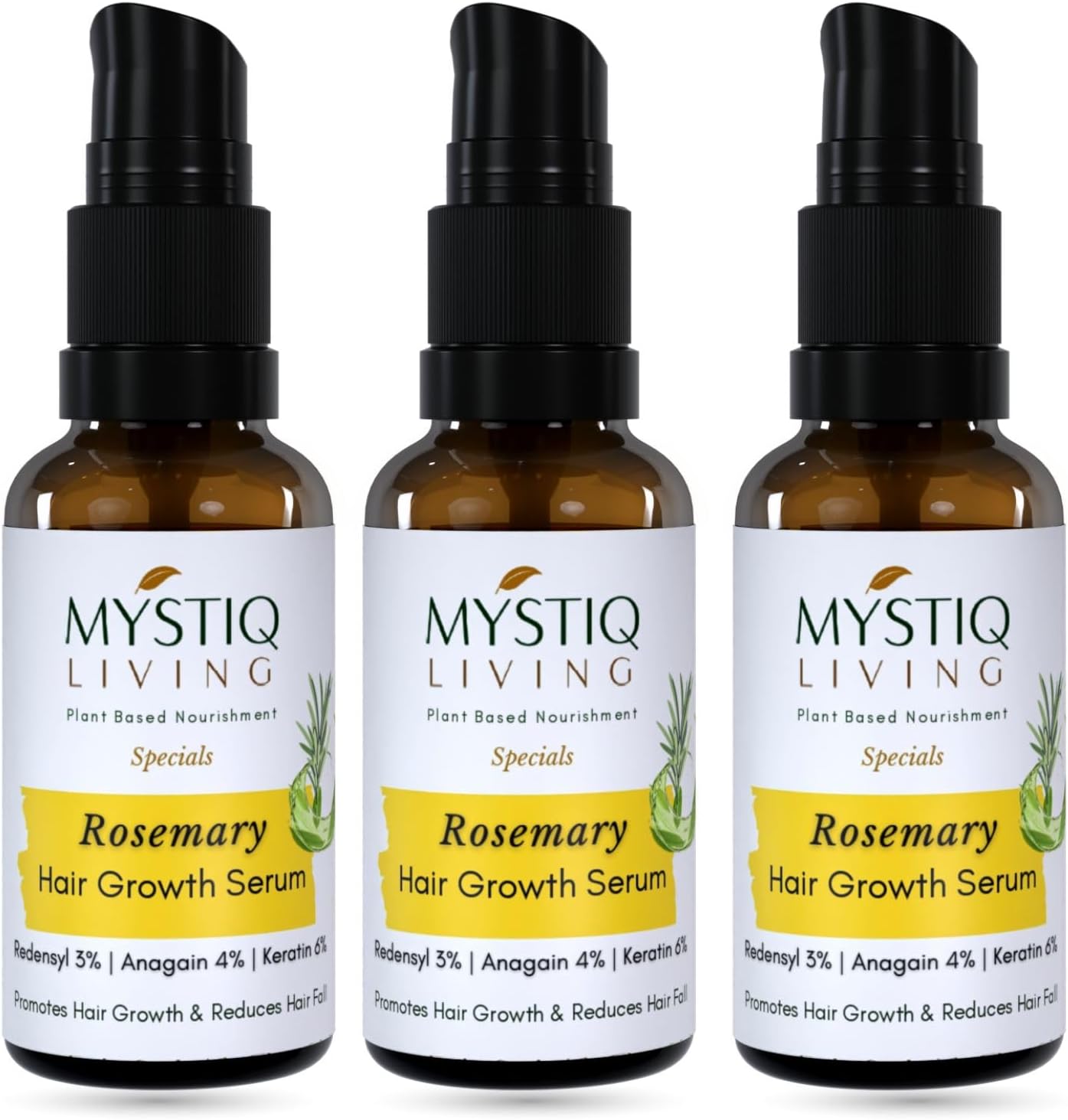 Mystiq Living Rosemary Hair Growth Serum for Scalp (3 Month Pack) with 3% Redensyl, 4% Anagain, 6% Keratin - 90 ML | Strengthens Hair, Reduces Hair Fall | Women & Men