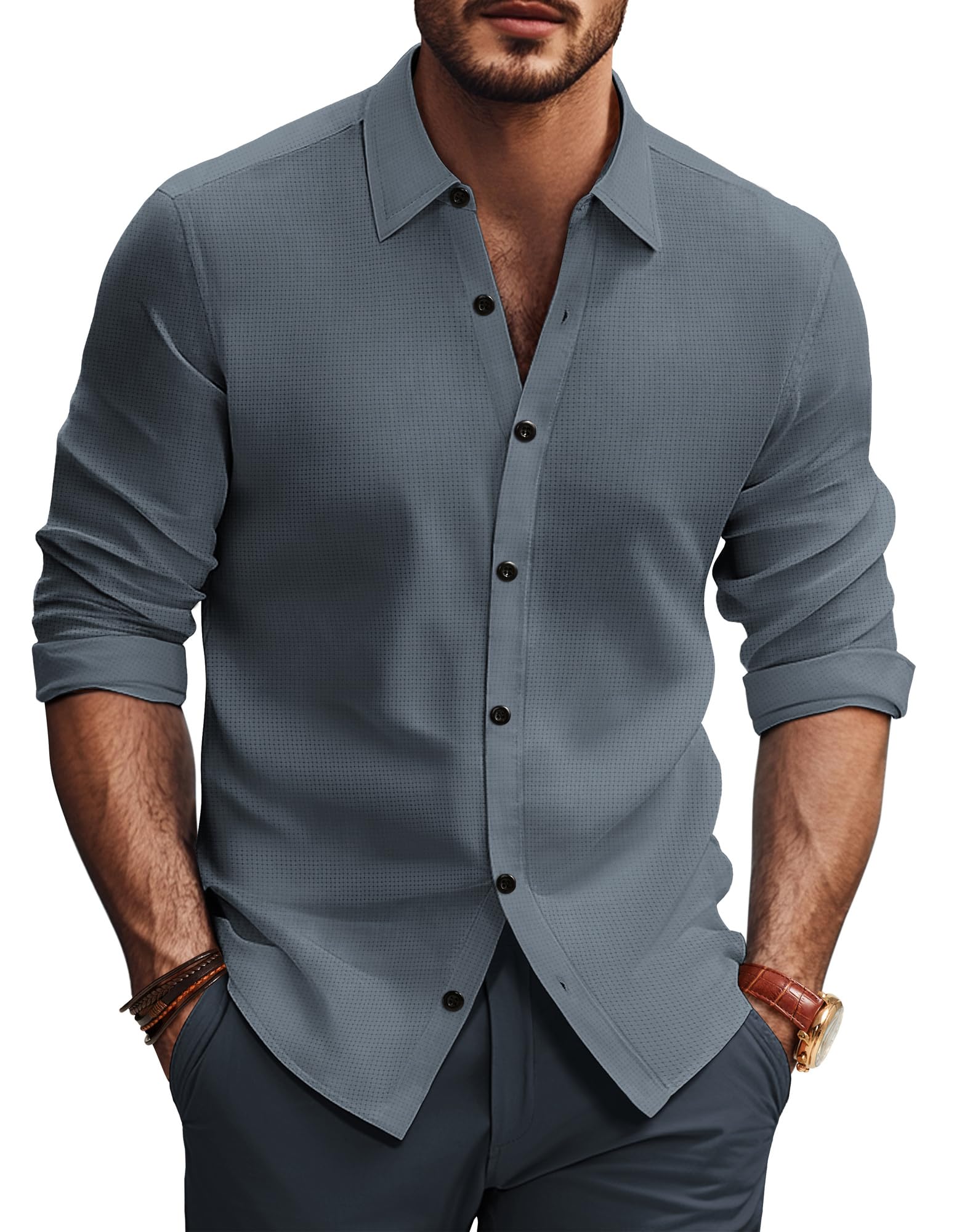 PJ PAUL JONES Camisas de manga larga con botones para hombre, sin arrugas, elásticas, sin pliegues, camisas de vestir informales de negocios