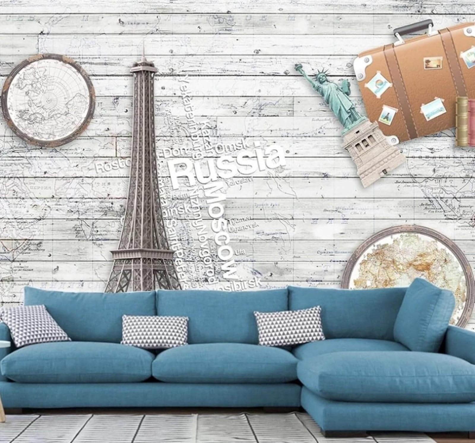 XLMING Retro Wood Grain Tower World Map Pattern 3D Wallpaper Luxury Silk Study Dining Feature Sofa Grey Bedroom Living Room Tv Decorative Wall-350cm×256cm