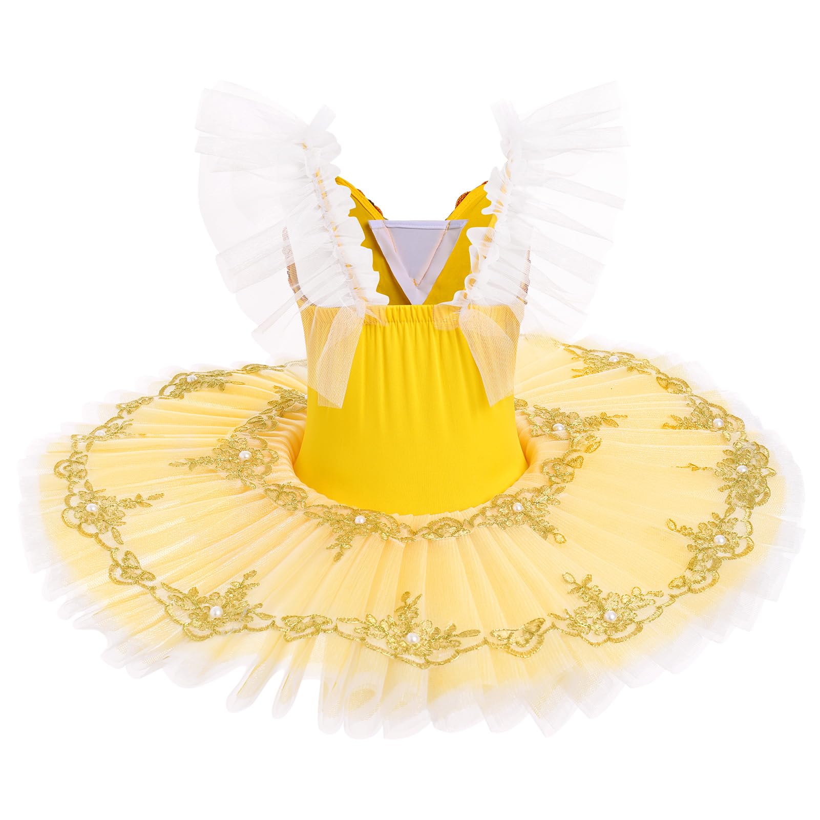 AFAVOM Ballerina Swan Lake Costume for Girls Camisole Skirted Leotard Ballet Dance Outfit with Hair Clip Armbands Sparkle Embroidery Hard Platter Tutu Performance Dancewear Dress Yellow 7-8 Years