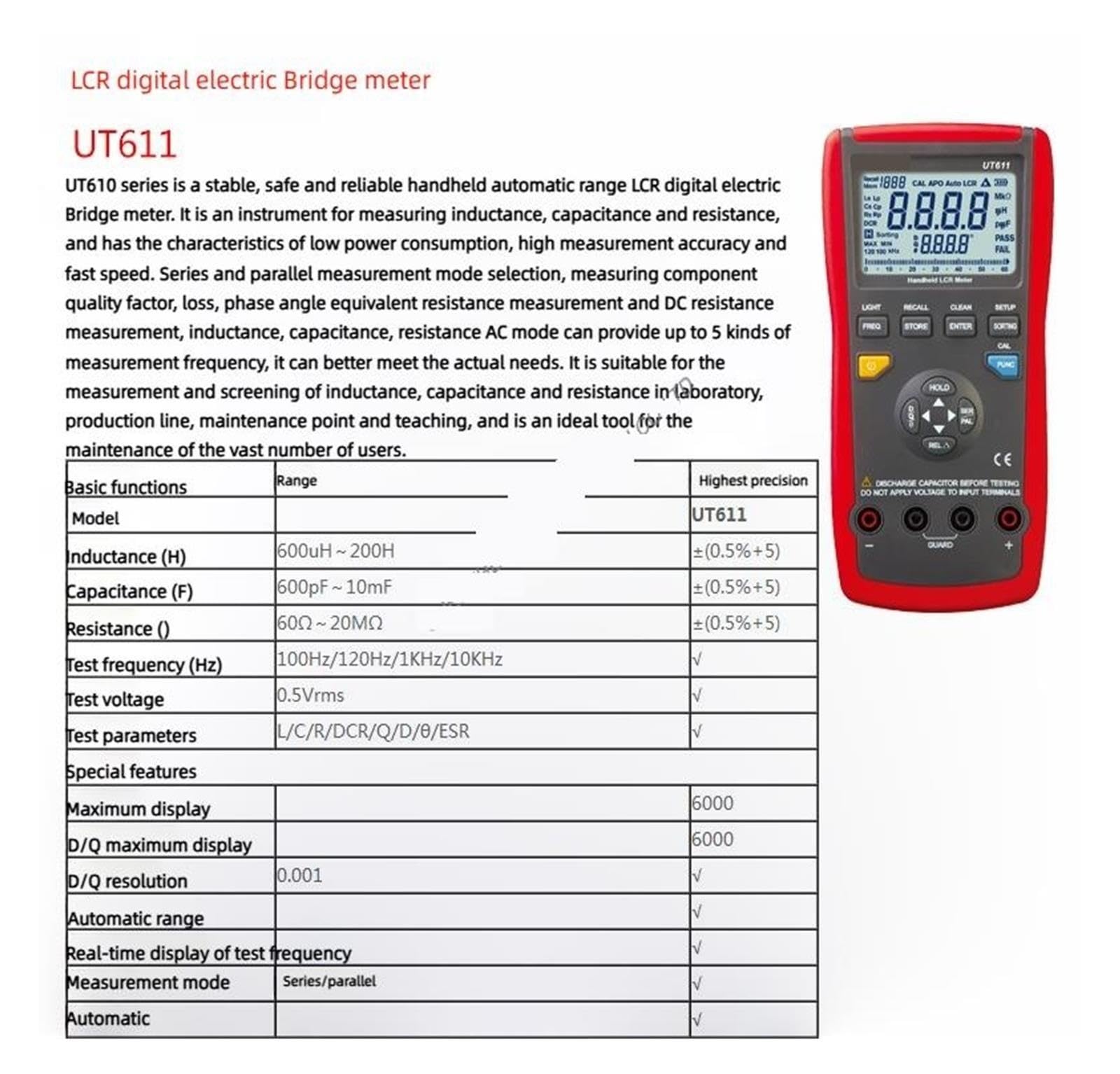 Widerstandstester, UT611 UT612 Handheld-Lcr-Digitalbrückentester, Brückenmessgerät, Kapazitäts- Und Induktivitätsmessgerät(UT611)