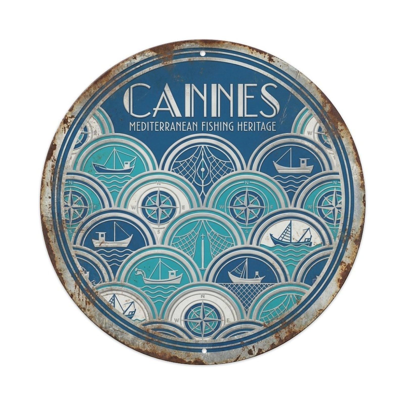 Cannes Fish Scale Pattern Cuisine Travel Vintage Metal Tin Sign