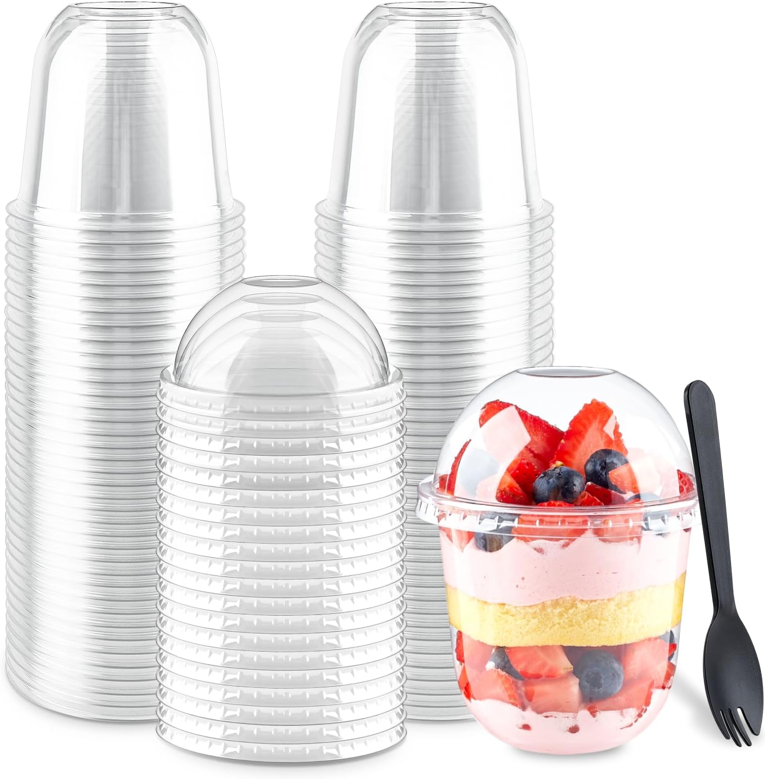 Zezzxu 50 Pack 12 oz Plastic Dessert Cups with Dome Lids (No Hole) and Sporks, Clear Disposable Fruit Cups with Lids for Yogurt Parfait Ice Creams Pudding Cakes