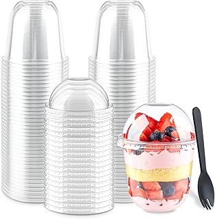 Zezzxu 50 Pack 12 oz Plastic Dessert Cups with Dome Lids (No Hole) and Sporks, Crystal Clear PET Disposable Yogurt Parfait Cups with Lids for Individual Fruit Salad Ice Creams Pudding Cakes