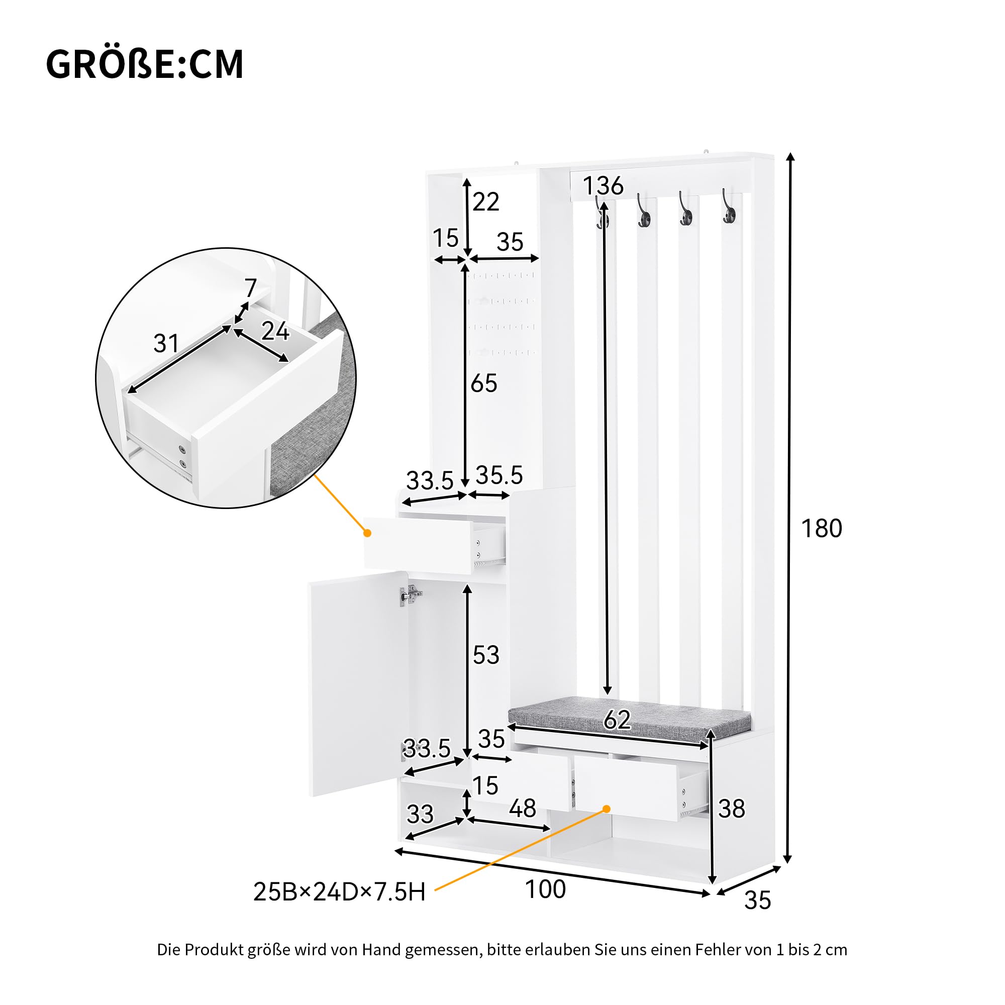 Merax Flurgarderobe Garderobenset mit Sitzbank Schuhschrank Stecktafel 4 Haken 100x180 cm Weiß