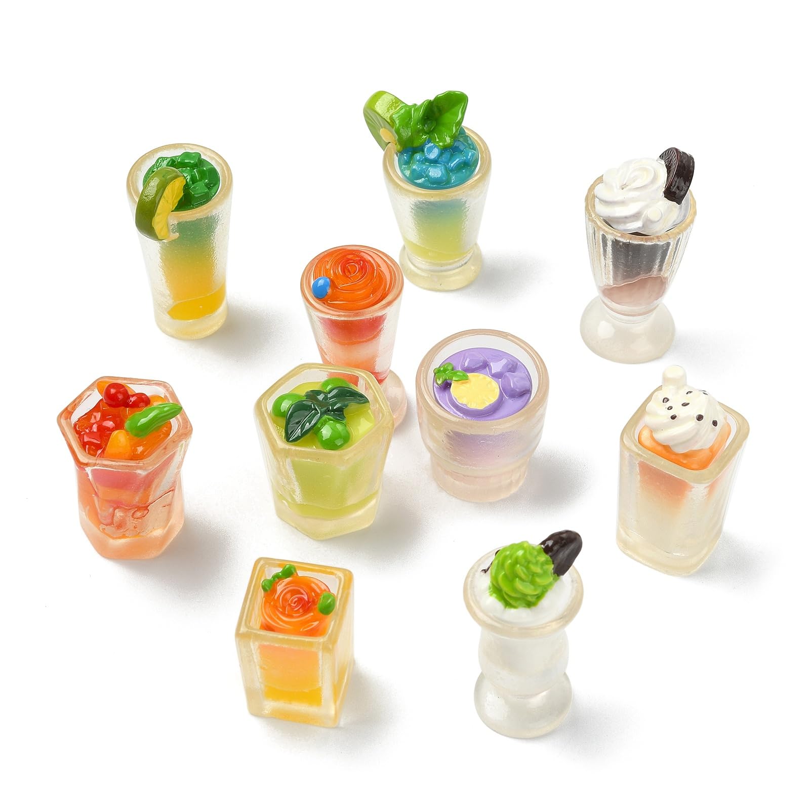 UR URLIFEHALL 20 Pcs 10 Styles Mini Cool Drink Resin Figurines 3D Fruit Juice Dollhouse Accessories for DIY Micro Landscape Party Decorations