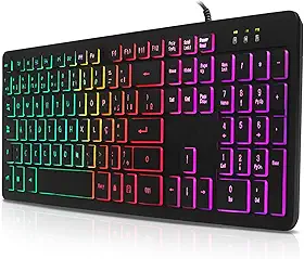 Teclado Gamer LED RGB USB ABNT2 com Fio, 107 Teclas, Anti-Ghosting, Padrão Brasileiro com Tecla ''Ç'' – Compatível com PC/Windows/Linux/Mac, com Iluminação Rainbow, Macio e Silencioso