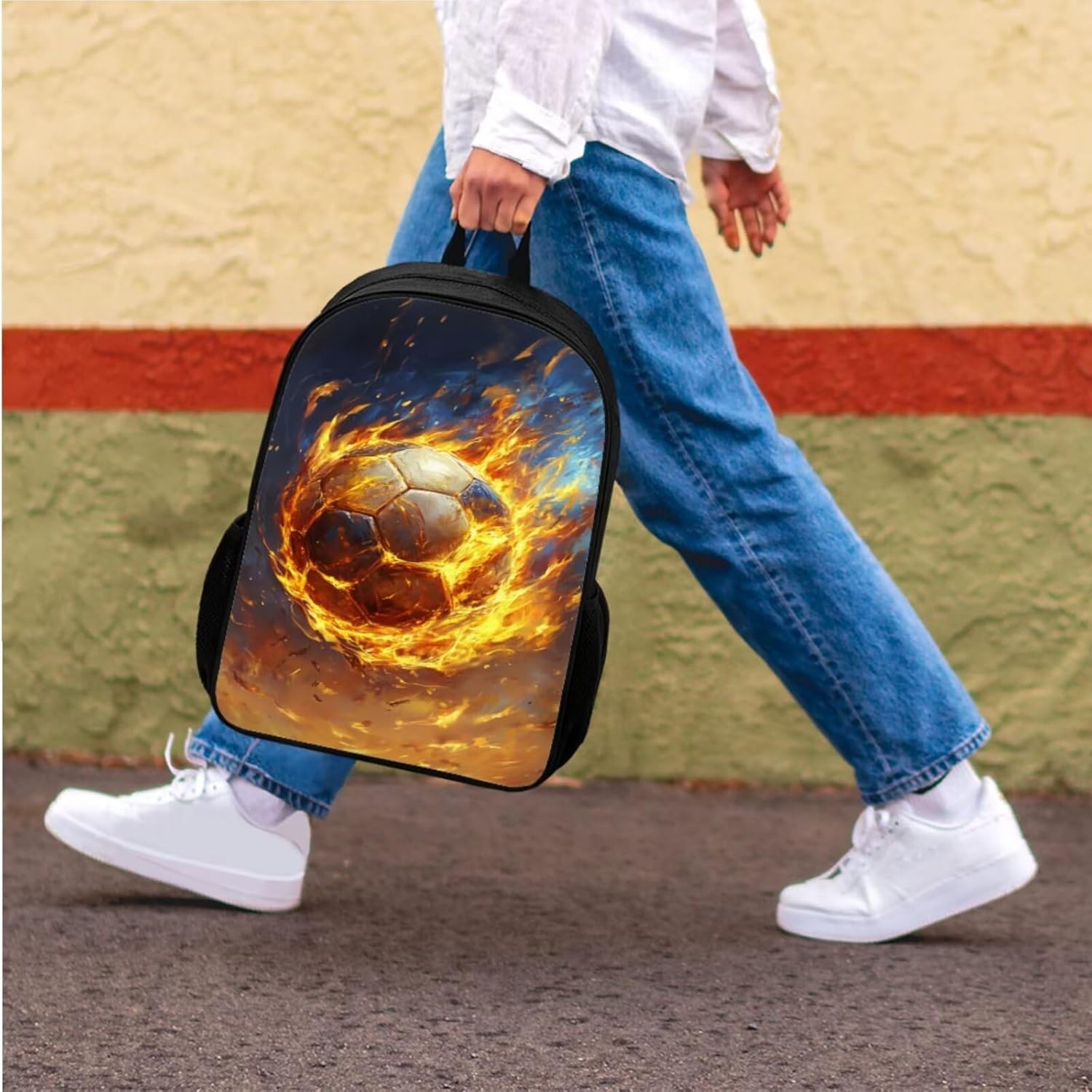 Rnyleeg Fire Soccer Backpack for Boys 6-8 Cool School Backpack with Lunch Box 3 Pcs Bookbag Set for Elementary Students Back to School Gifts for Kids