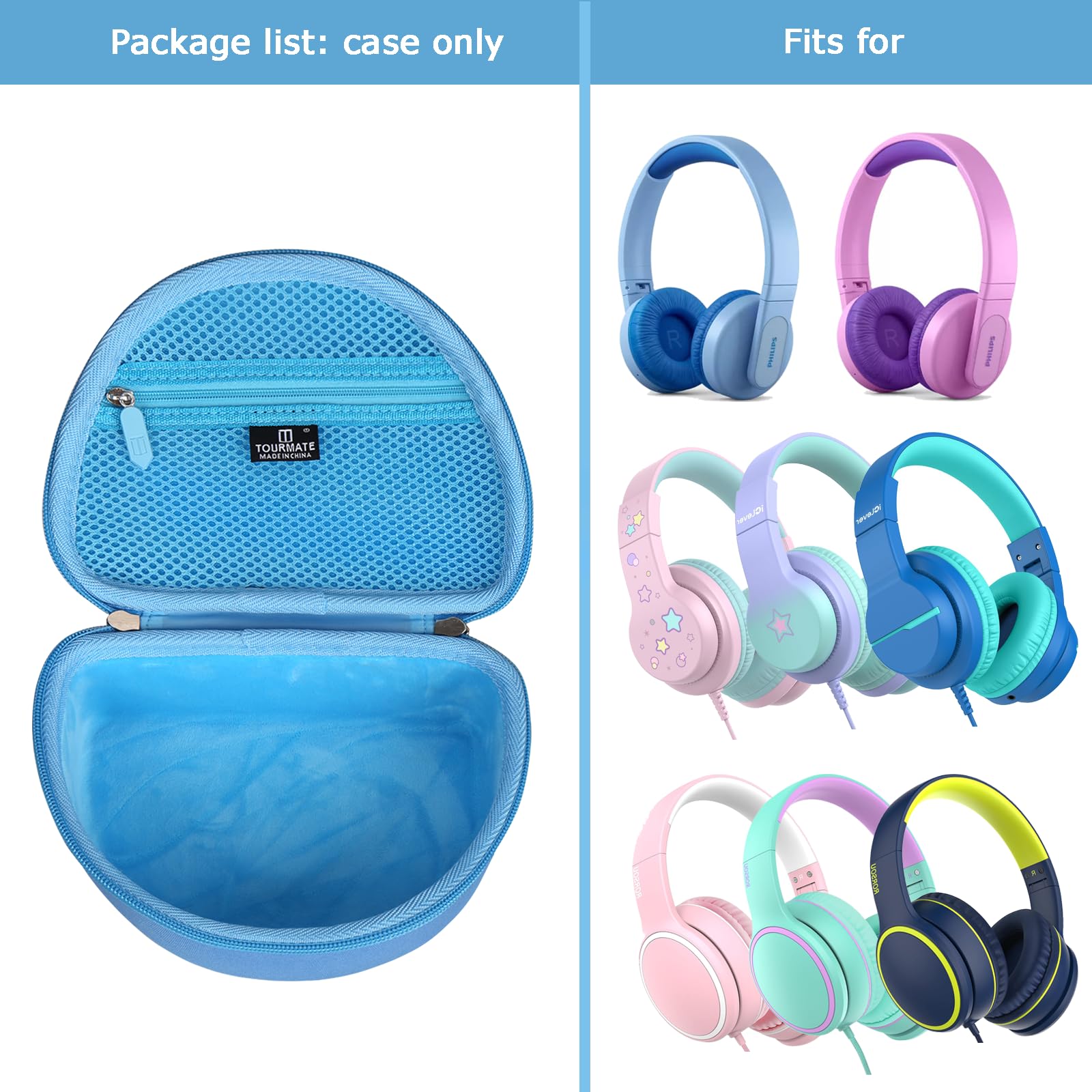 Tourmate Funda rígida de viaje para Philips K4206 Kids Wireless On-Ear Headphones/iClever HS19 Kids Headphones/RORSOU R10 On-Ear Headphones, bolsa protectora de almacenamiento