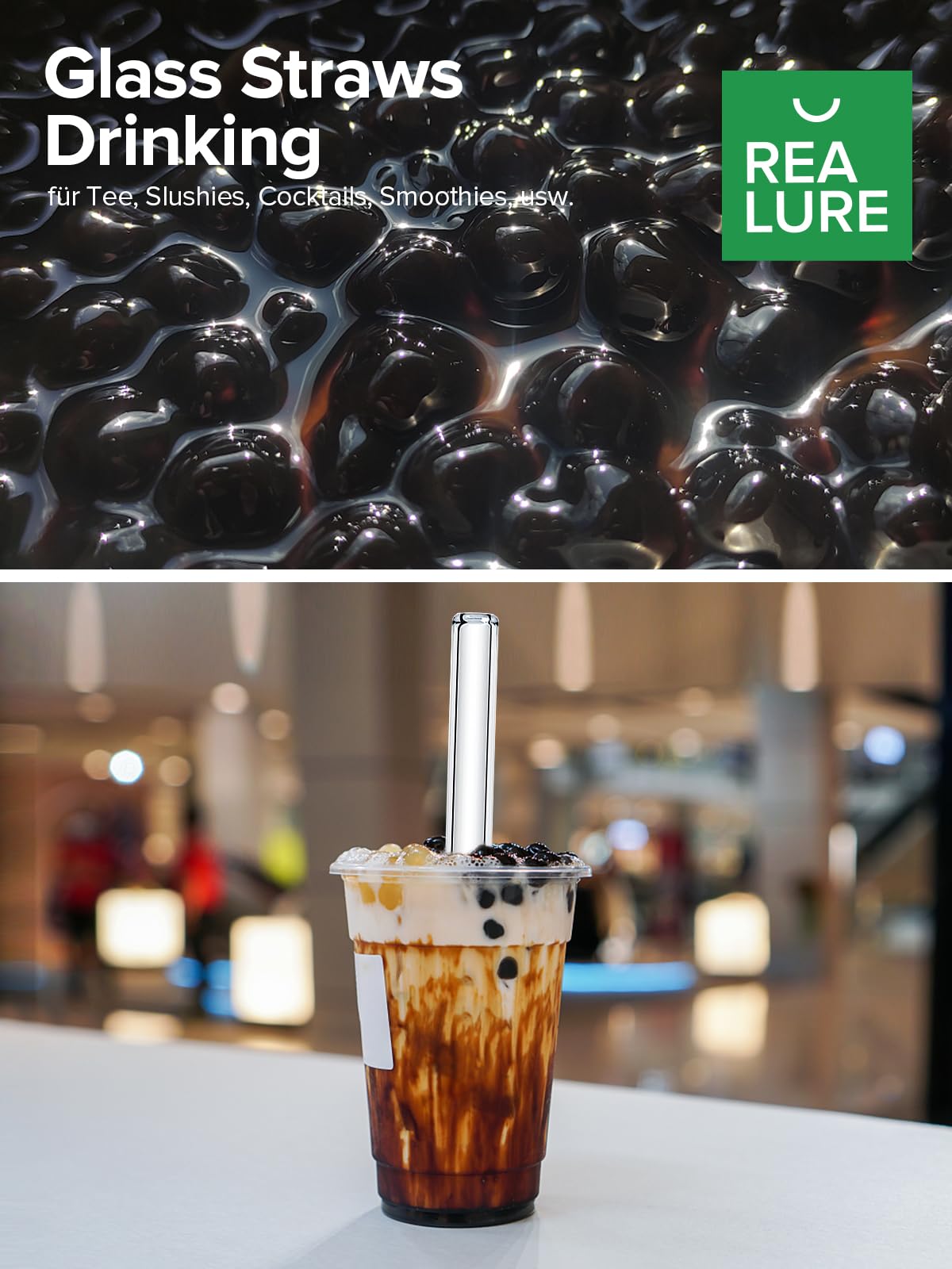 Realure Lot de 4 Pailles en Verre Transparente 14mm 21.5cm pour Bubble Tea Smoothie Cocktail