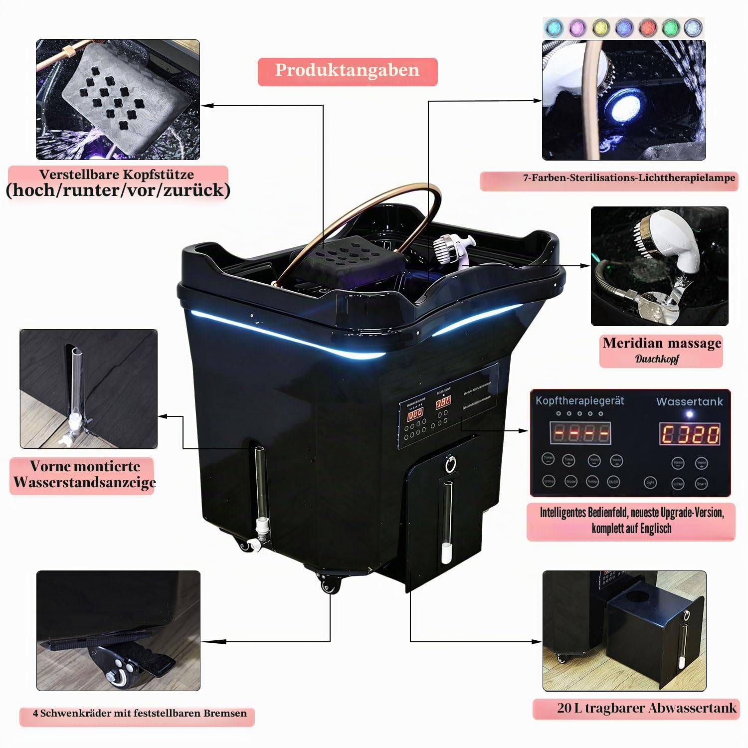 Head Spa Waschbecken, Haarwaschbecken mit 60L Wassertank + 20L Abwassertank, Mobiles Waschbecken, Friseurwaschbecken, inklusive Dampfbegaser, für Kopf Head Spa und Friseursalons, Schwarz