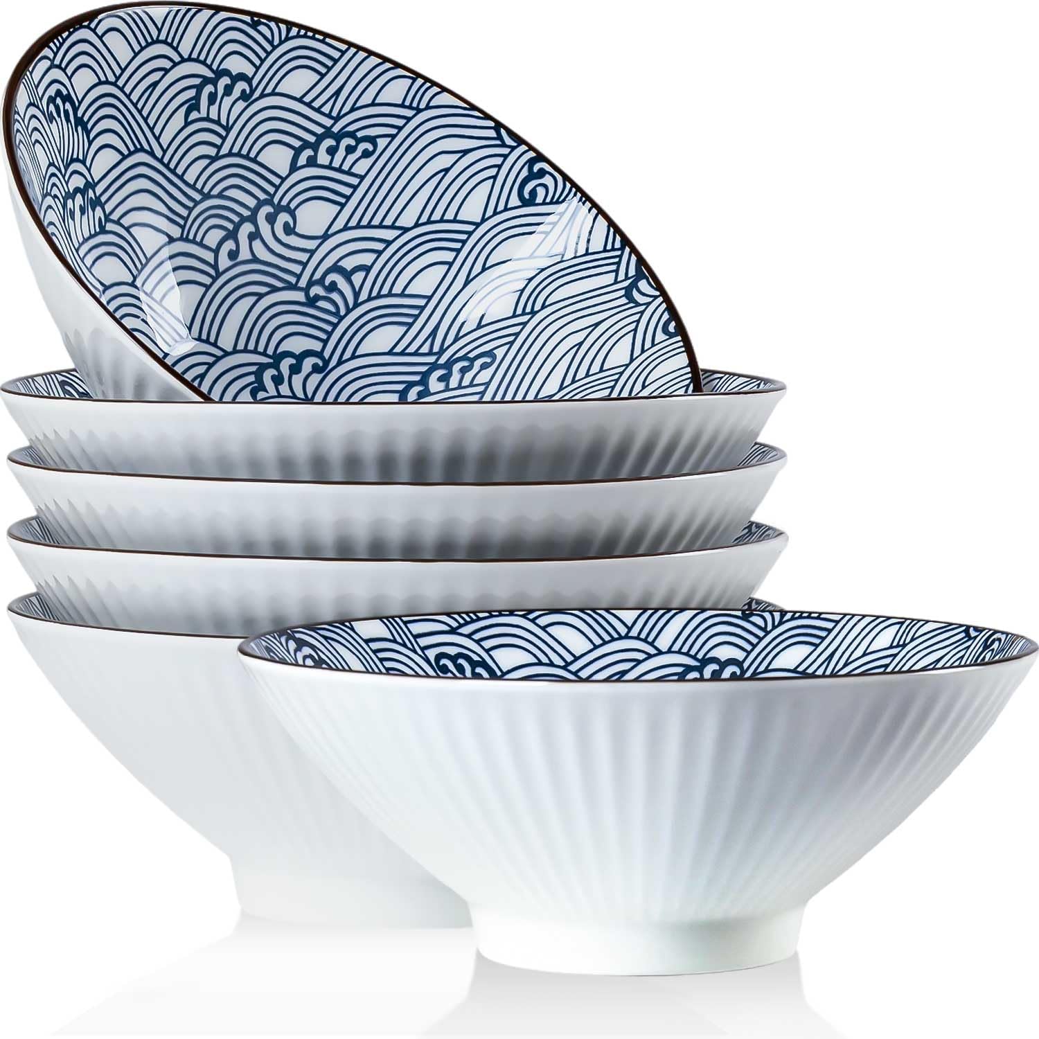 QINLANG Juego de 6 cuencos japoneses para ramen de 38 onzas, cuencos Pho Bowls, cuencos de sopa de cerámica azul y blanca de 8 pulgadas, patrón de ondas