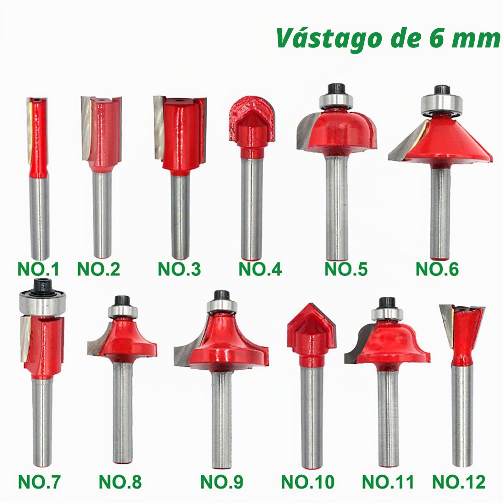 Juego de 12 fresas para fresadora de 6 mm, mango de 6 mm, fresa de ranura, fresa de perfil, fresa superior, juego con maletín de madera para trabajar la madera (rojo)