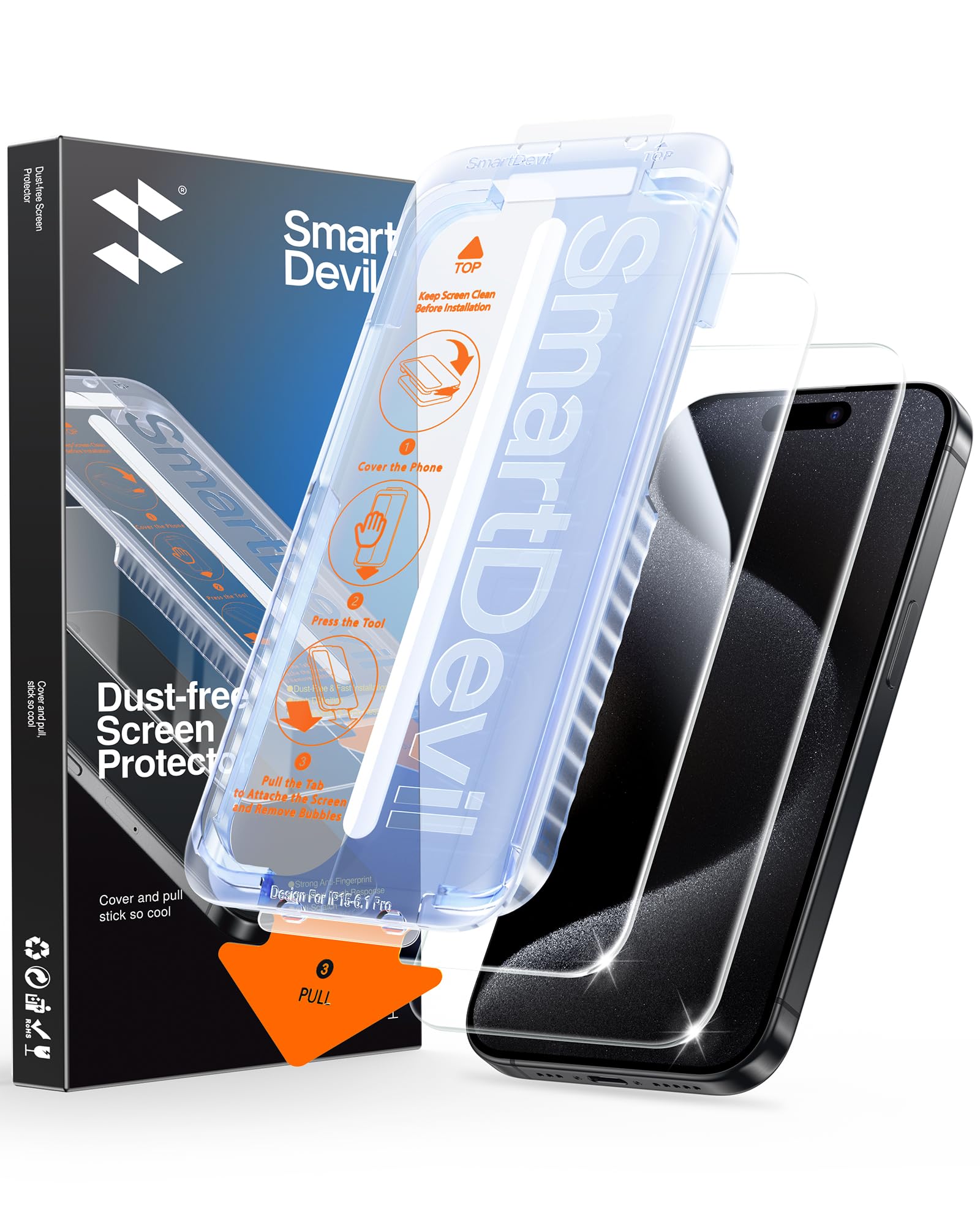 SMARTDEVIL 3 Pack Screen Protector for iPhone 15 Pro Max (6.7 Inch) Tempered Glass, HD Clear Film, Easy Installation, Dust-Free & Bubble-Free