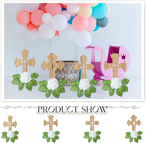 Miniatura 6 de 16 juegos de cruz de madera católica de pie con base 16 piezas de flores artificiales blancas con tallos para bautismo primera comunión mesa de boda