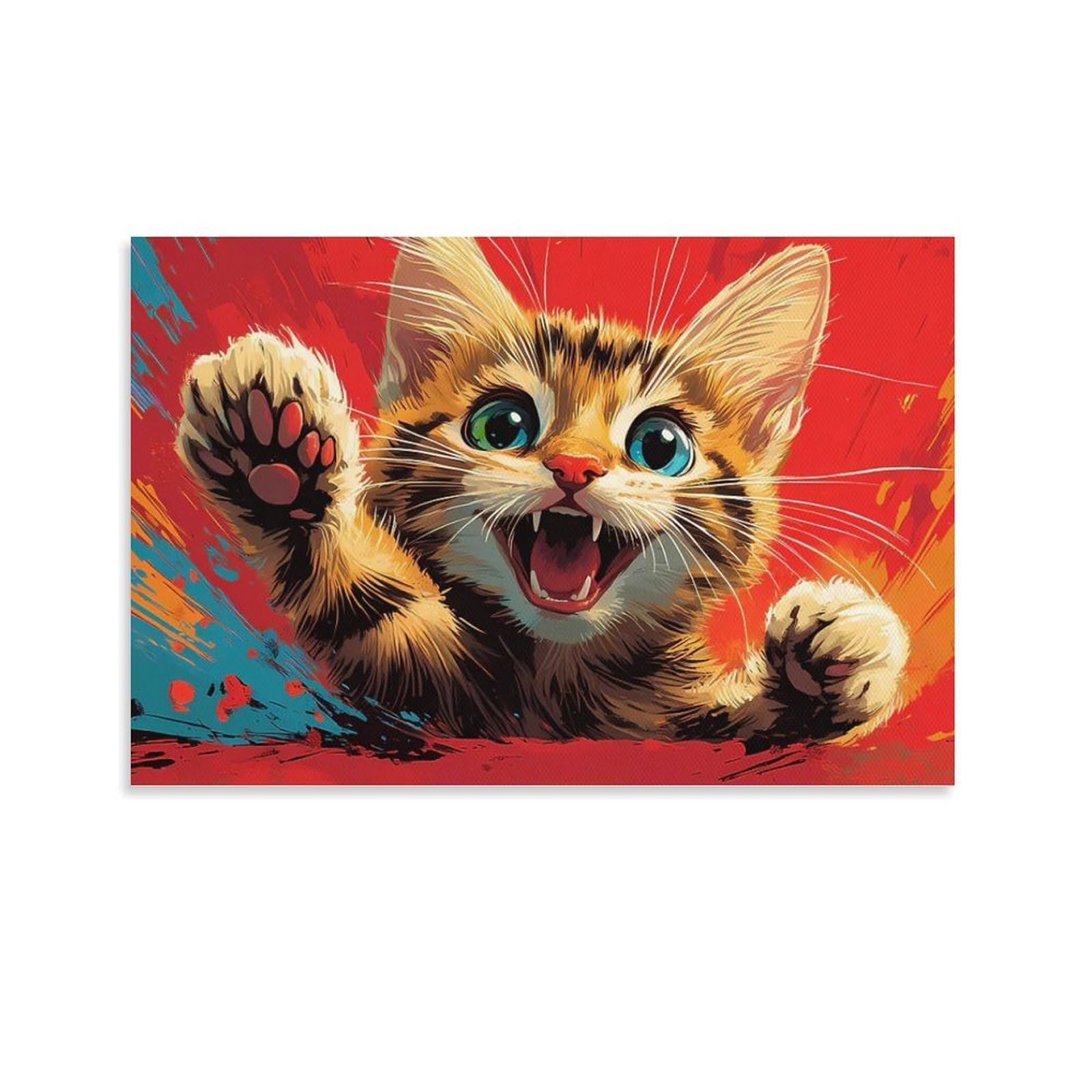 CPLVKWRQJ Bright Magical Colorful Single Cute Tabby Kitten Red Background Framed Wall Art - Living Room Focal Point Ready to Hang Fade Resistant Wall Artwork 24x36inch(60x90cm)