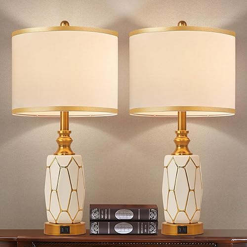 Miniatura 9 de Juego de 2 lámparas de mesa con control táctil para dormitorio, sala de estar, lámpara moderna de cerámica negra y blanca con puertos USB, lámpara