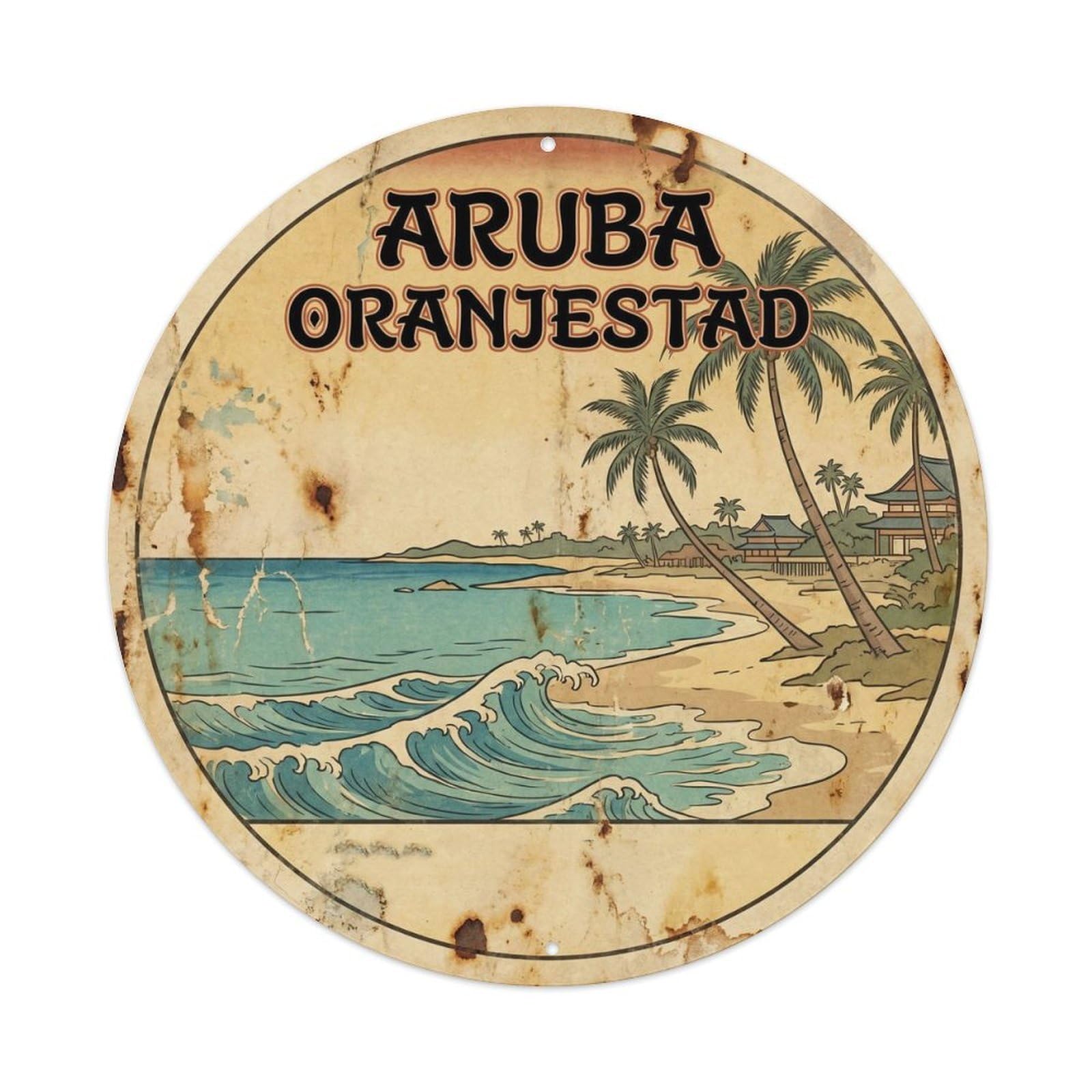 Olhnbad 08X08inch Style Aruba Oranjestad Lagoon Travel Classic Illustration Metal Tin Sign