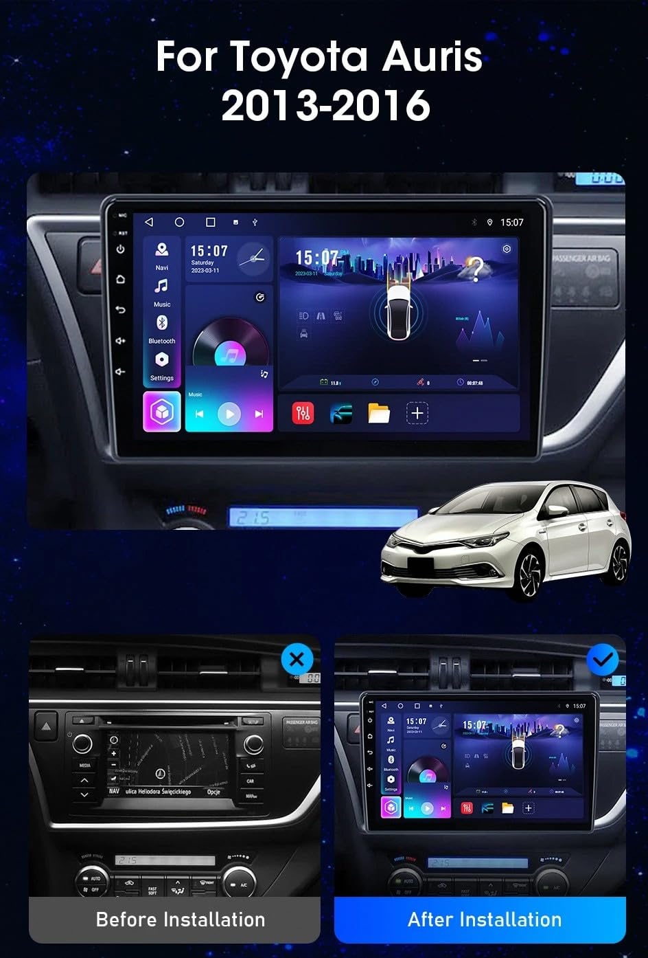 Carplay Display für Toyota Auris 2013-2018 OTA-Updates, Rückfahrkamera, Mirror Link, Bluetooth 5.0, Sprachsteuerung, GPS-Navigation, Fm, 4 Kern 1G+16G
