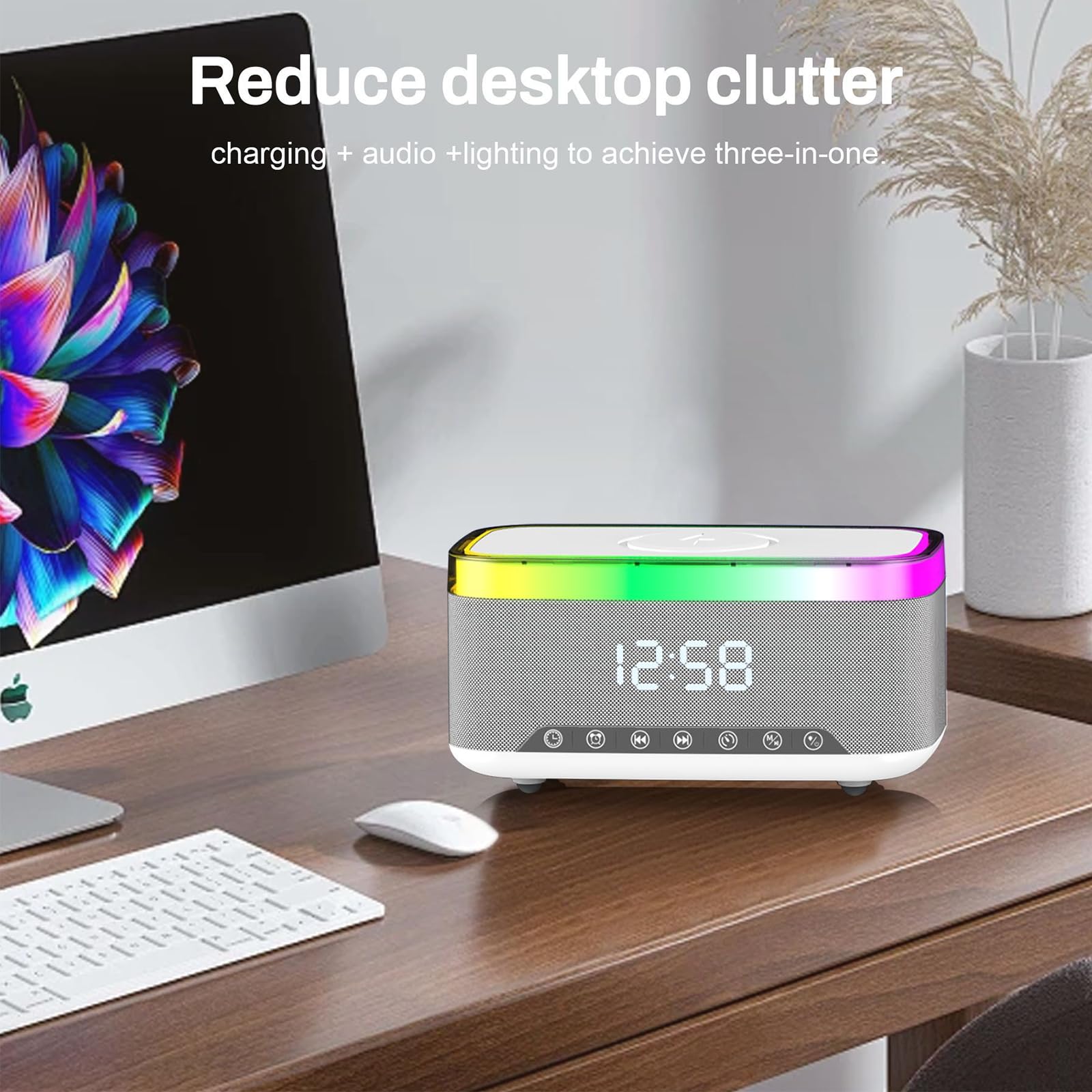 Sveglia digitale con stazione di ricarica e altoparlante Bluetooth, luce notturna da 15 W, caricabatterie wireless per iPhone Samsung