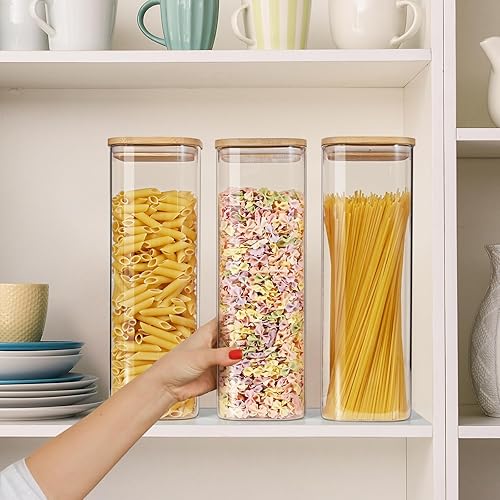 Miniatura 4 de Contenedor de almacenamiento de pasta de espaguetis de 80 onzas con tapas de bambú, recipientes de almacenamiento de alimentos de vidrio cuadrados