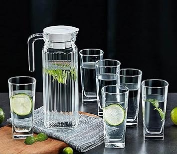 CQZ Premium Water and Juice Glasses Set of 6 With Jug - 270ML Glasses, 1 Liter Jug Combo Set