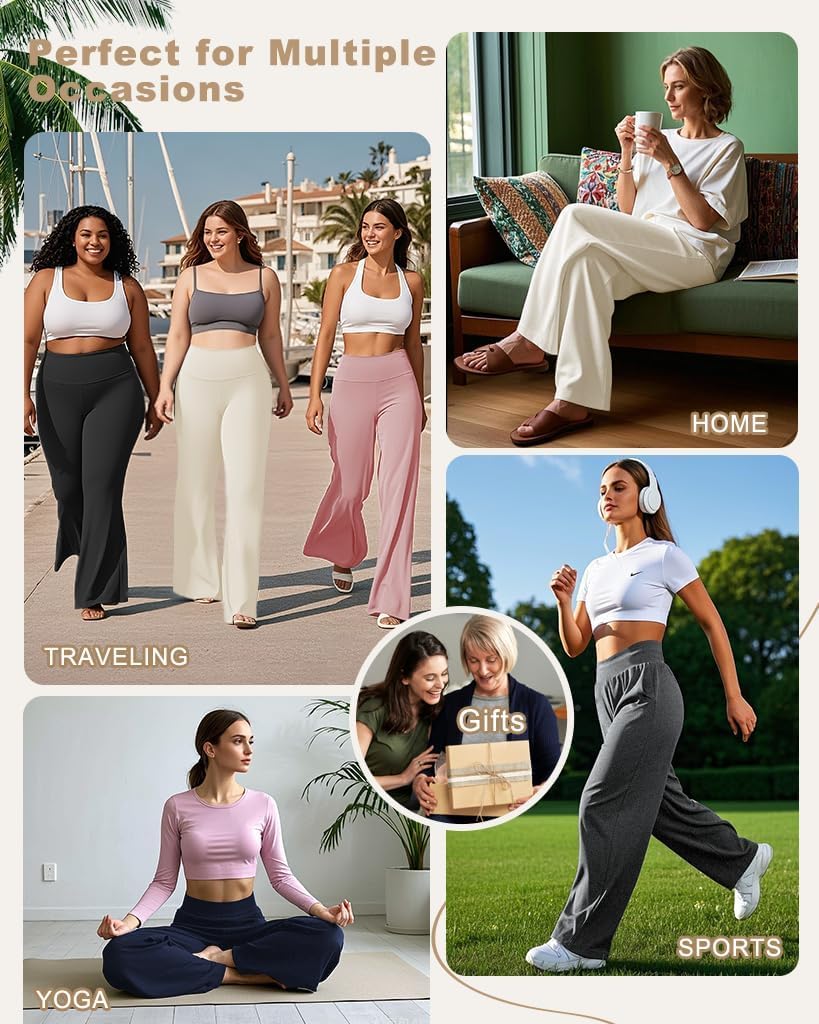 Pantalons de Yoga Taille Haute Pantalon Stretch Taille Haute à Jambes Larges avec Poches(XL)