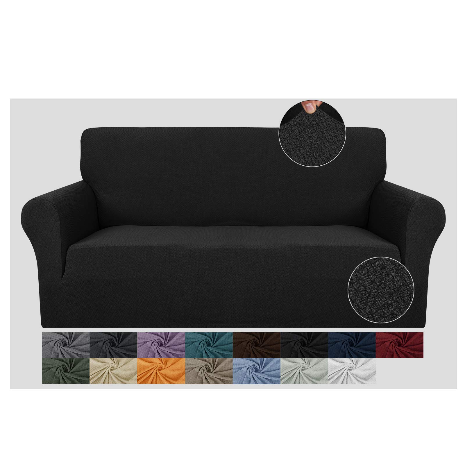 JIVINER Super Stretch 1 Piece Loveseat Slipcover Newest Jacquard Sofa Covers for 2 Cushion Couch Washable Thick Loveseat Furniture Protector with Elastic Bands (Loveseat, Black)