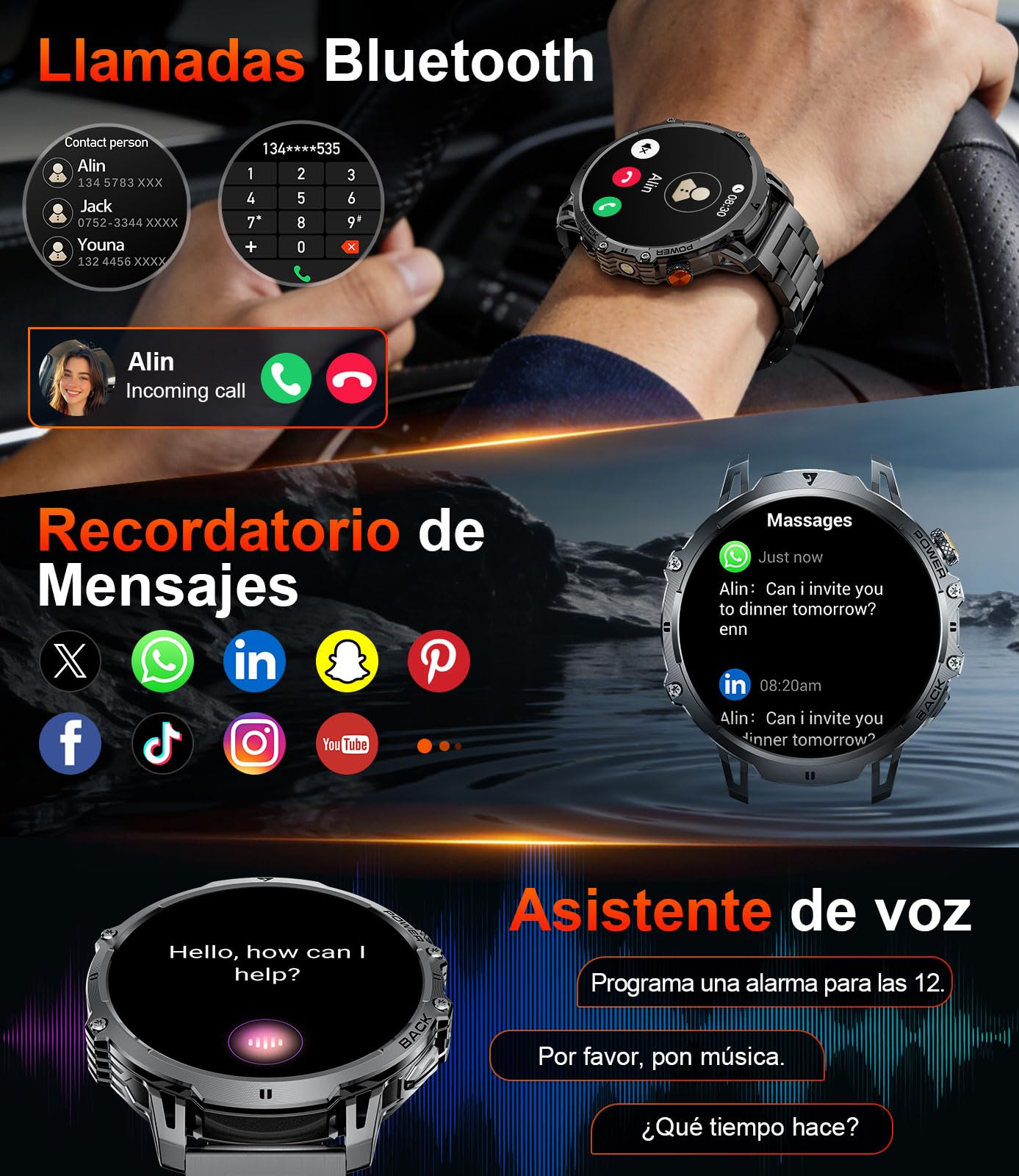 2026 Reloj Inteligente Hombre Militar-1000 mAh/1.85'' HD Pantalla,IP68 Impermeable Smartwatch con Lámp LED,130+ Modos Deportivos,Reloj de Fitness con Monitor de Frecuencia Cardíaca/Sueño,iOS Android