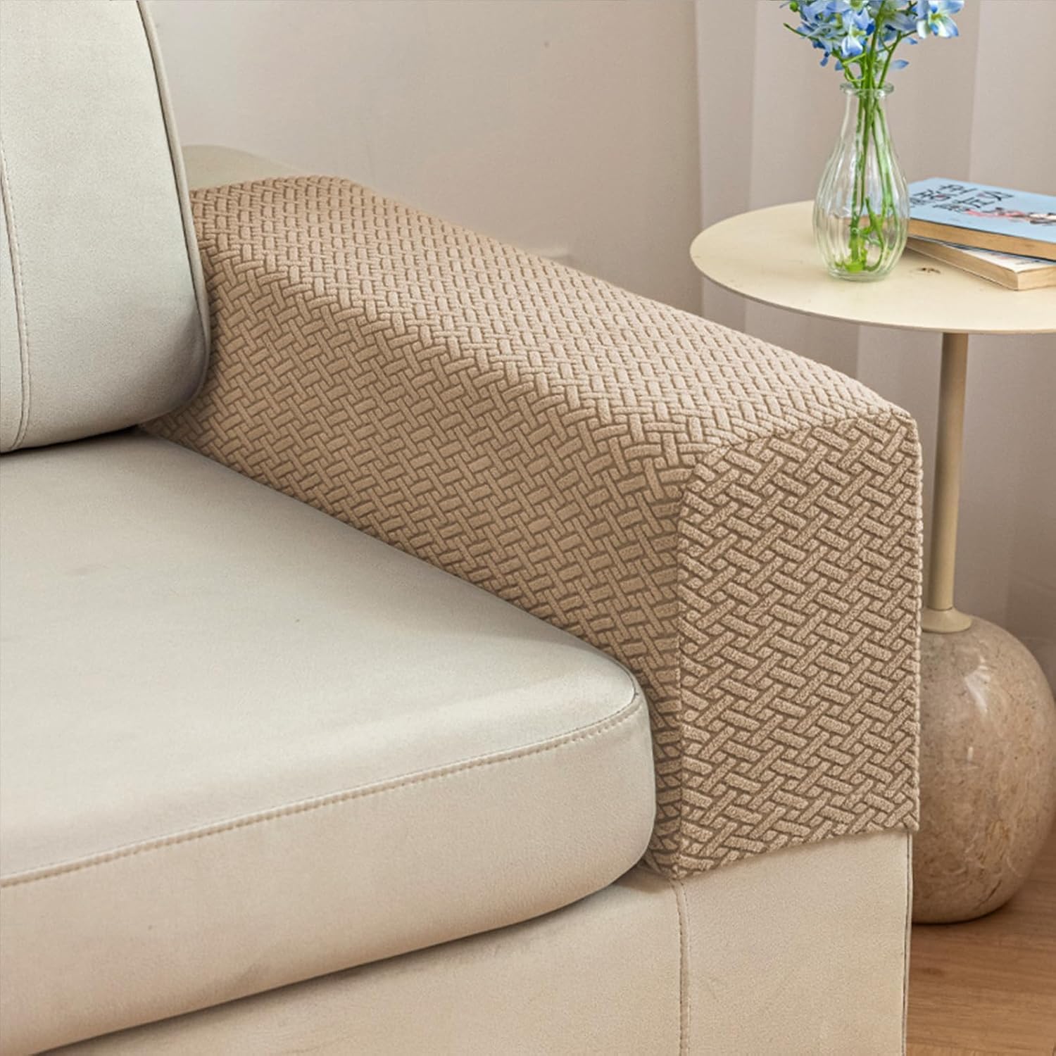 Kozuoan Armchair Covers, Cover Chair Arm Cover Set of 2, Sofa Arm Covers Non-Slip, for Sofa, Couch, Recliner and Chair Arm Protection (Light Camel, Medium)