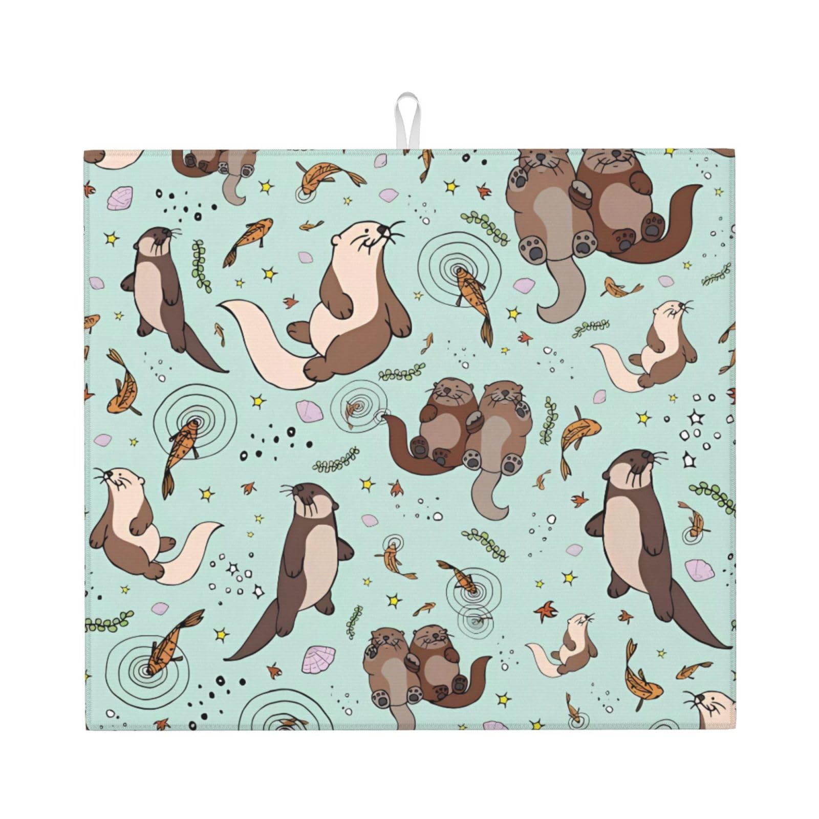 WHJSSF Otters Prints Kitchen Drying Mat - Absorbent Dish Drying Throw with Colorful Prints, Quick-Dry Countertop Layer for Dishes & Appliances - Non-Slip & Foldable
