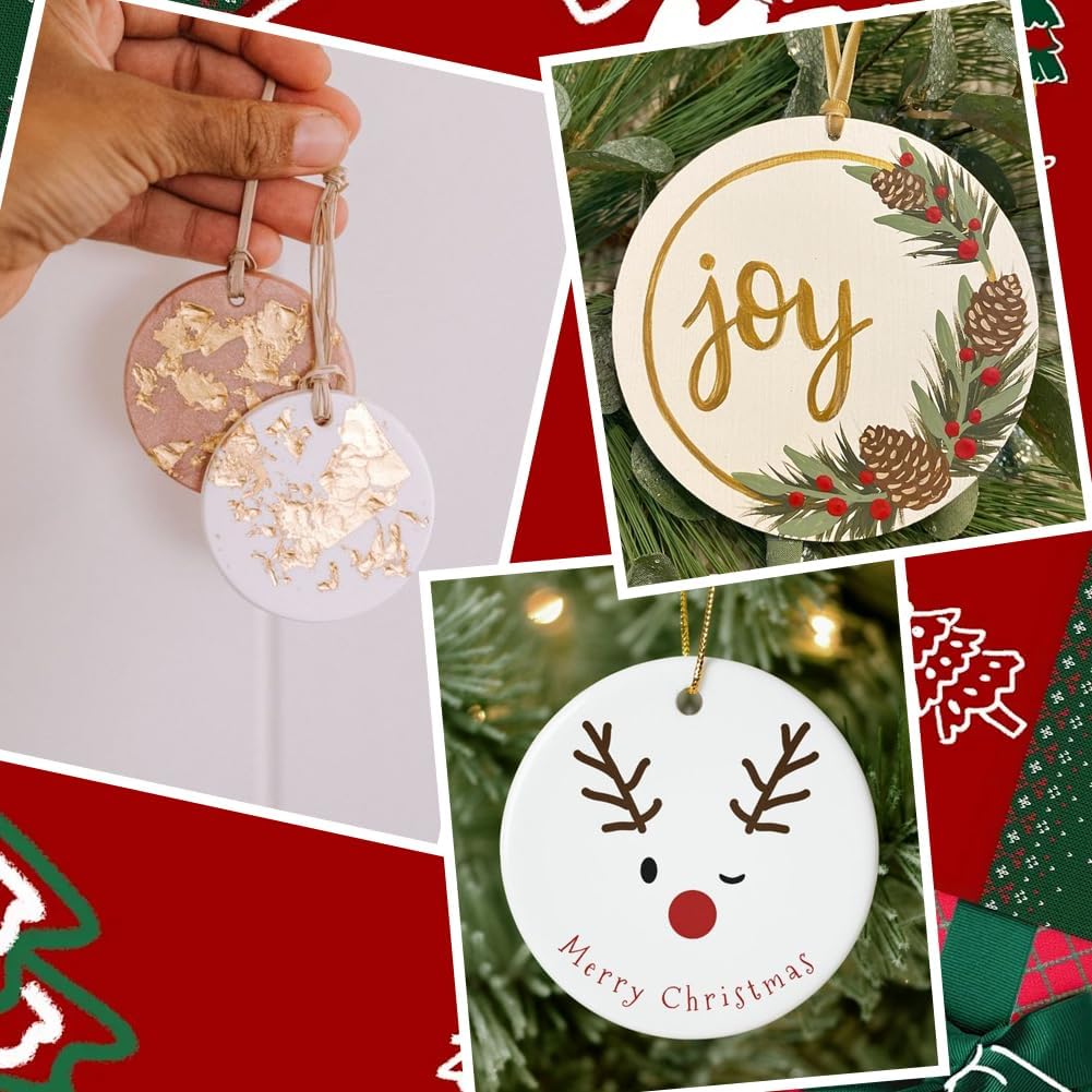1 Box 12Pcs 3in White Ceramic Ornaments Blank Christmas Ornament Blanks Flat Round Ceramic Disc DIY Paint Craft with 12Pcs String Porcelain Decorations for Home Wedding Holiday Party Supplies