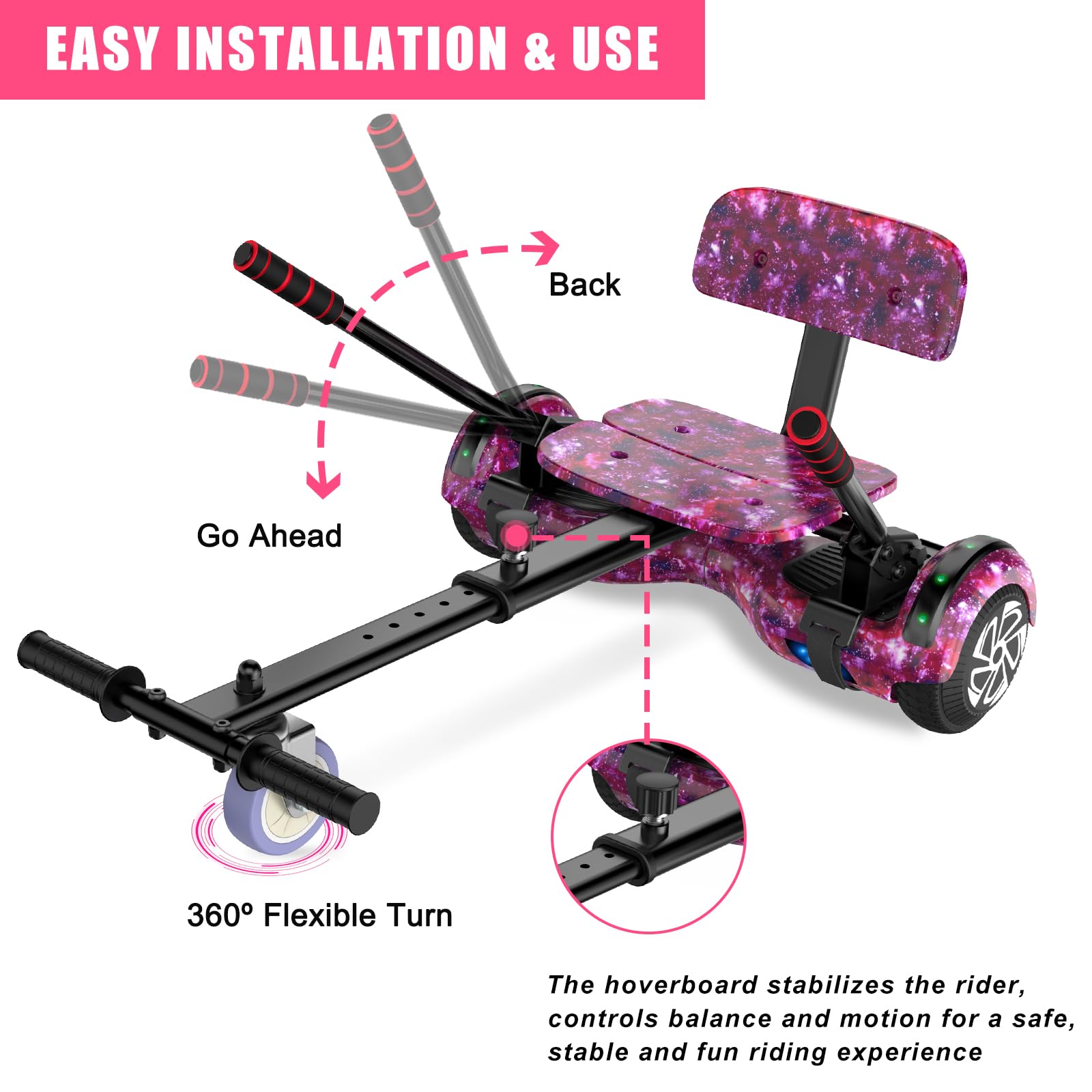 Hoverboard con asiento, tabla flotante autoequilibrada de 6,5" con altavoces Bluetooth y luces LED para niños y adultos